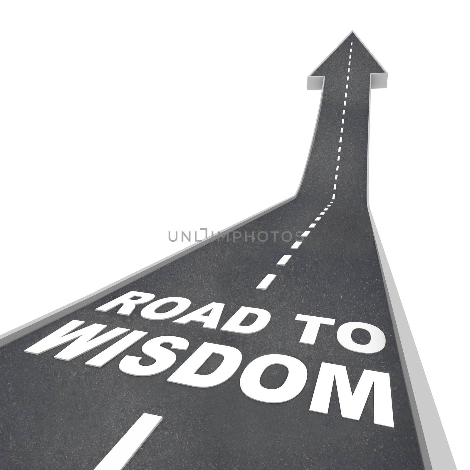 The words Road to Wisdom on a road leading upward to the future, increasing your intelligence and enlightenment through education