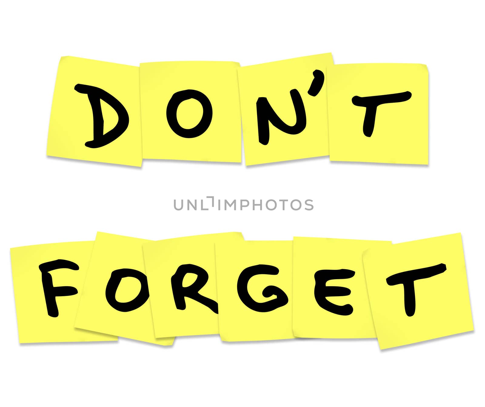 Don't Forget Reminder Words on Yellow Sticky Notes by iQoncept