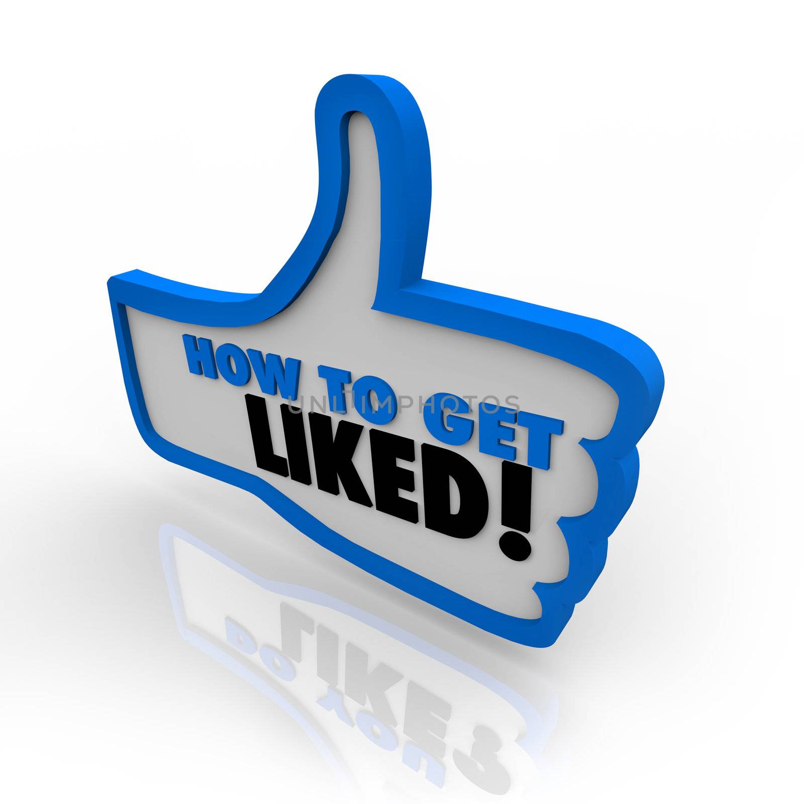A blue outlined thumbs up icon with the words How to Get Liked offering advice on gaining popularity and approval on the internet or in business