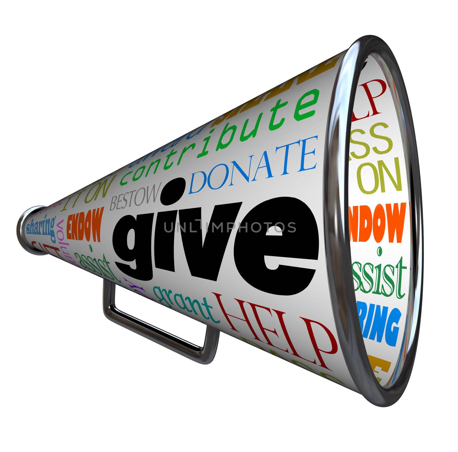 A bullhorn with many words on it calling for financial and moral support such as give, donate, contribute, help, assist, endow, share, volunteer, and more