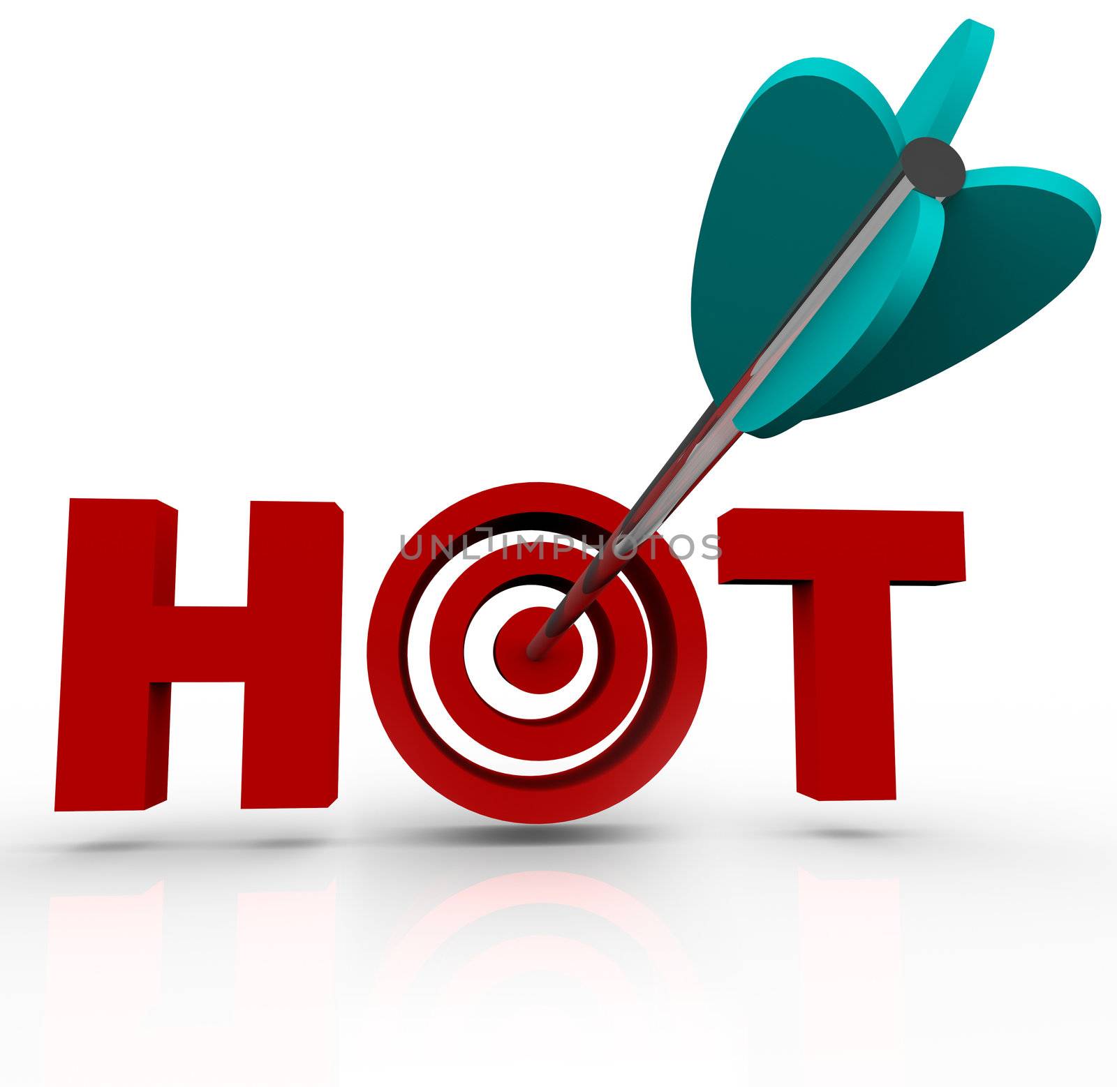 An arrow hits a bullseye in the word Hot representing your ability to target what is hot, trendy or buzz generating in business so you may succeed in attracting popularity or customers