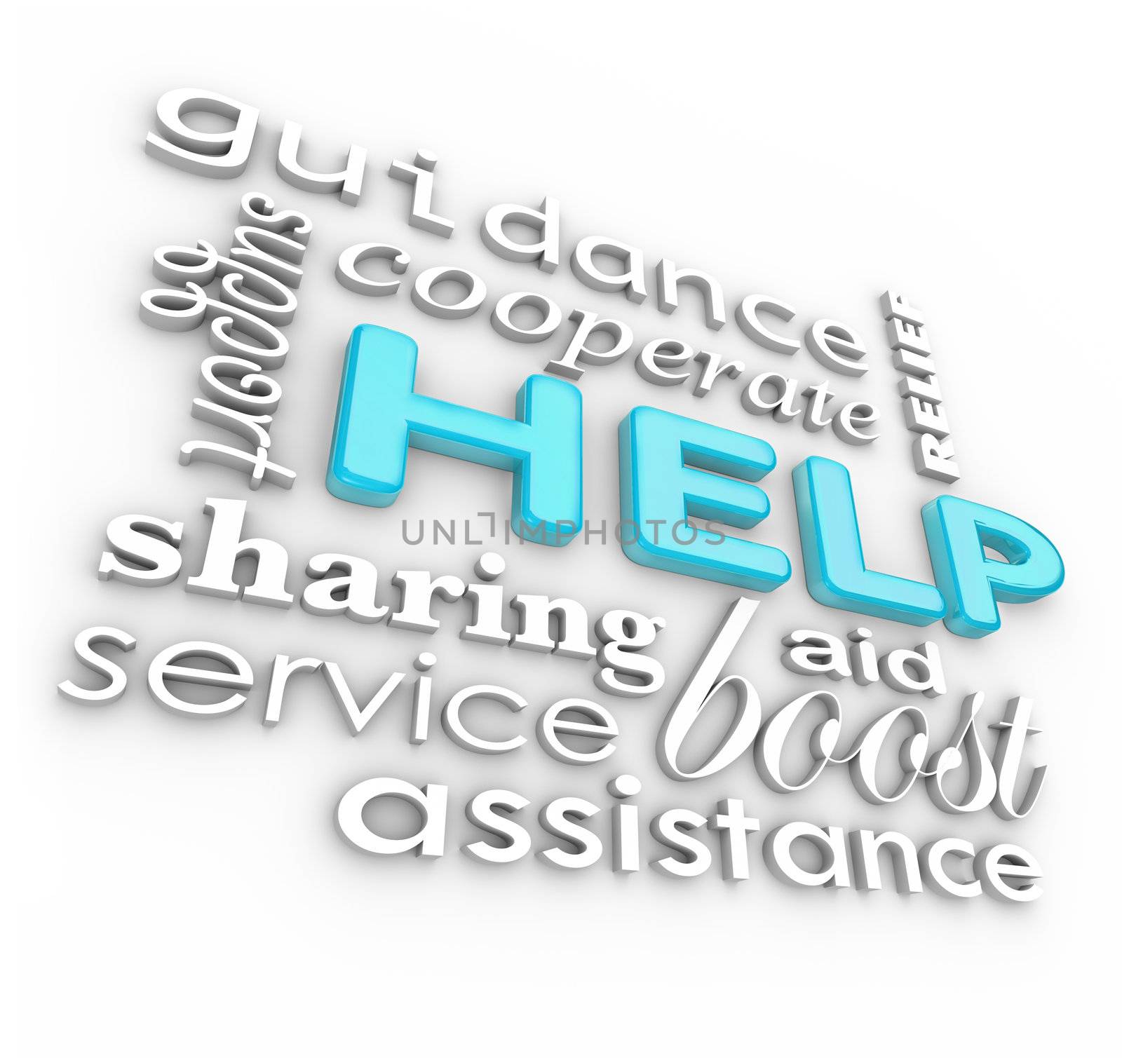 The word Help and many related words such as service, support, aid, cooperate, boost, assistance, guidance and more as a background of encouraging phrases 