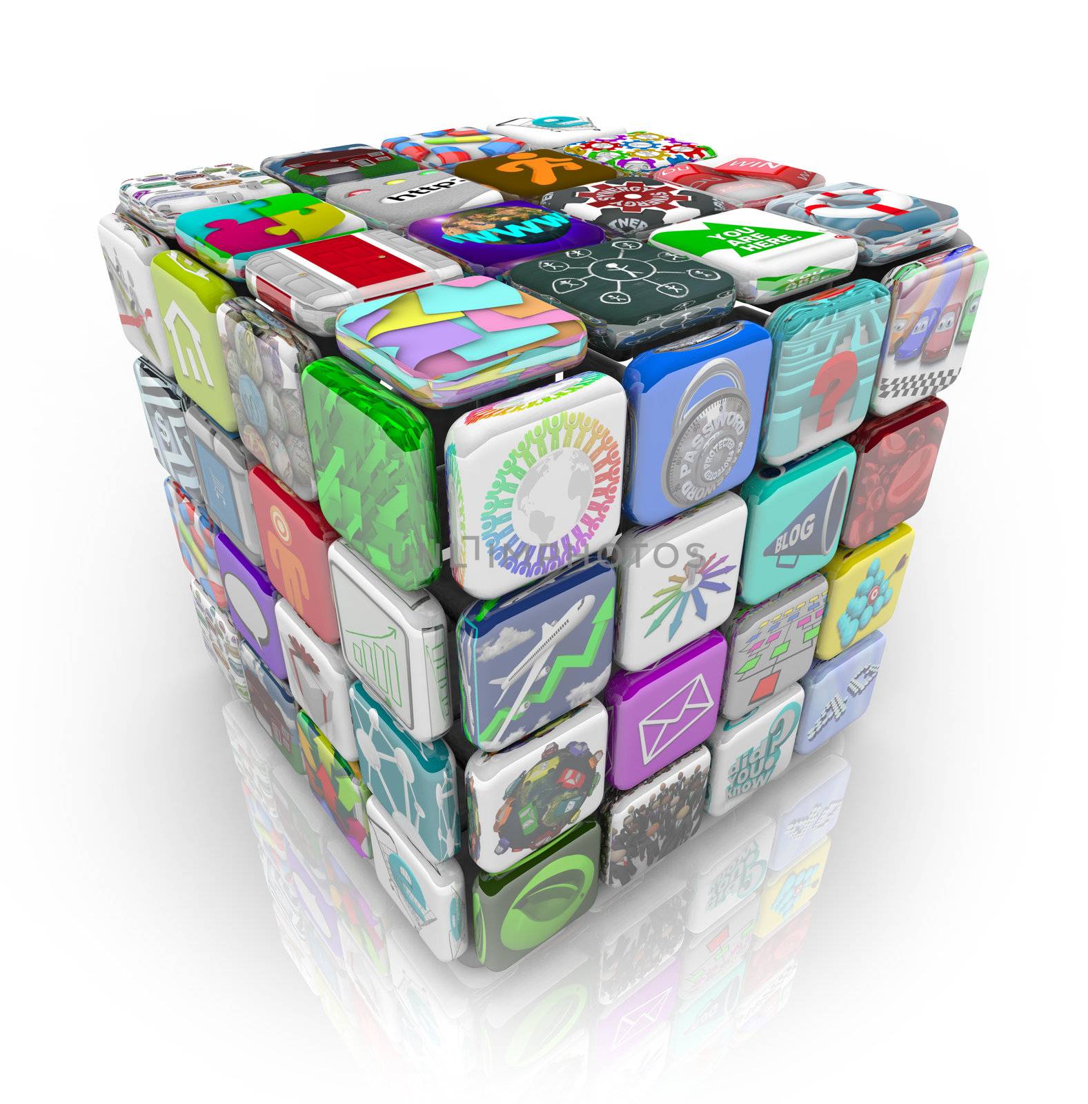 A 3D cube made of app tiles representing applications and software you can buy and download to your smart phone, tablet computer or other mobile device