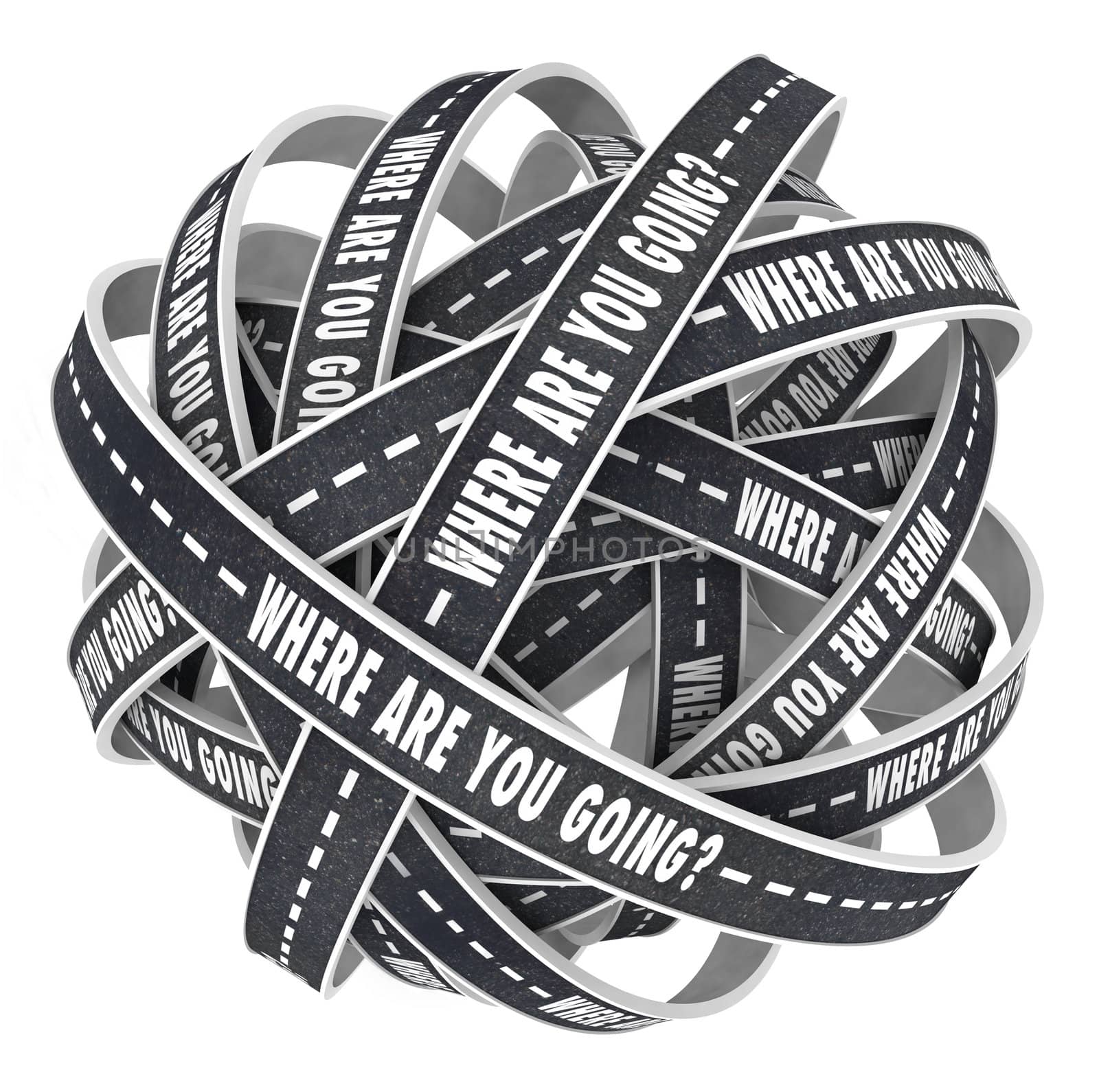 the Words and quesiton Where are You Going on endless circular roads representing confusion and being directionless on the road of modern life