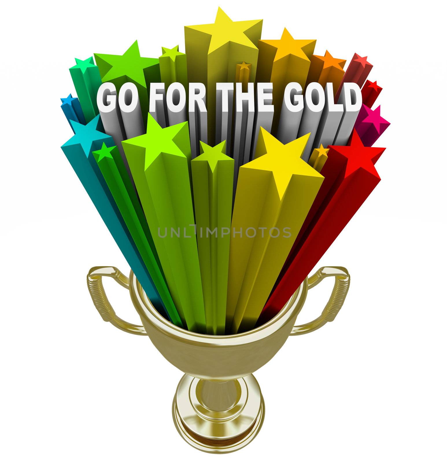 The words Go for the Gold shoot out of a golden trophy to encourage you to set your sights high and try to be the best and win the game, lifting your attitude and ambition