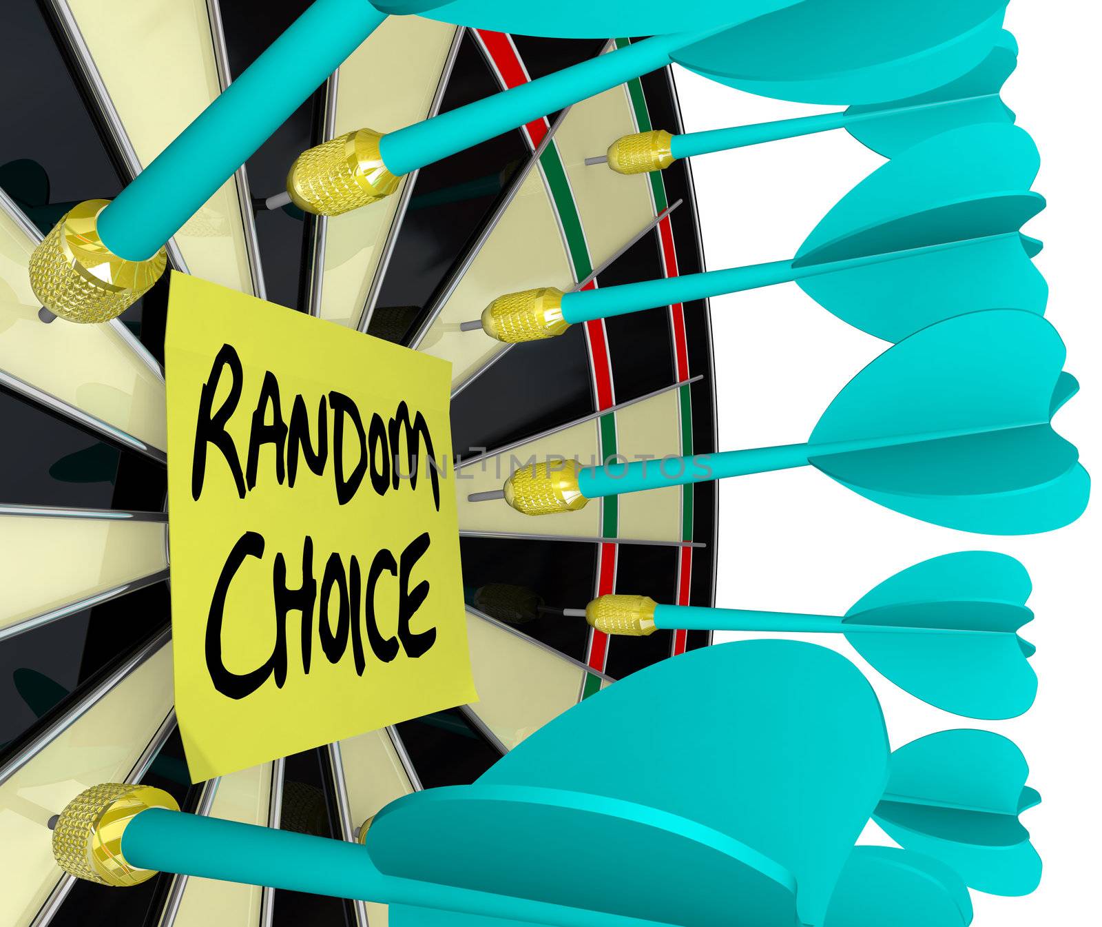 Many darts hit a dartboard around a sticky note with the words Random Choice to symbolize a blind choice, how an indecisive person may reach a randomized decision