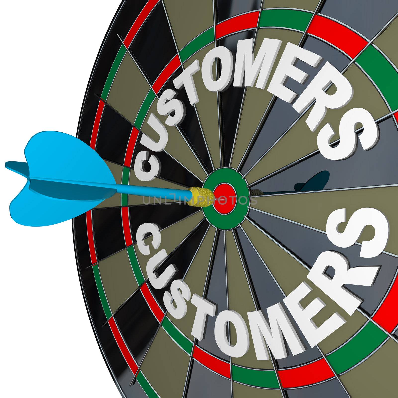 Dart in Bulls-Eye Target Customers Word  on Dartboard by iQoncept