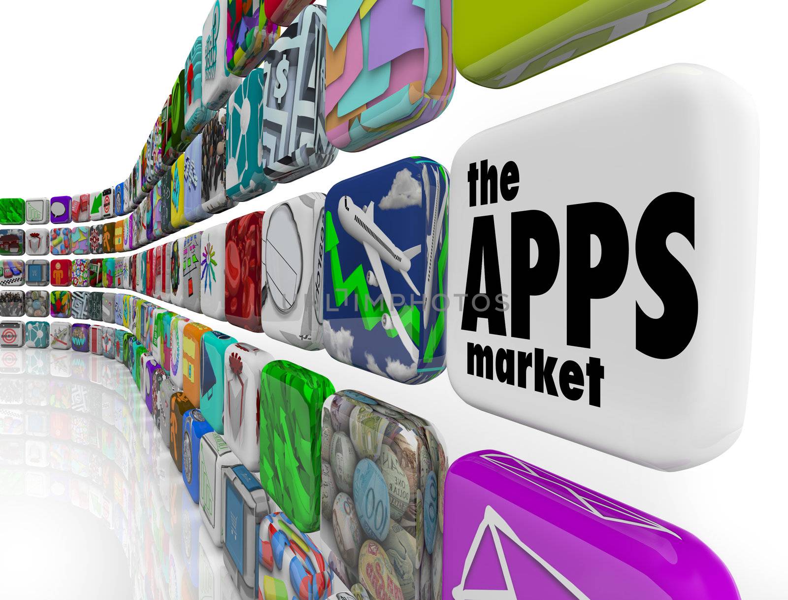 The words App Market on a white application tile in a wall of apps in a store which sells software programs for download to your smart phone or other electronic device