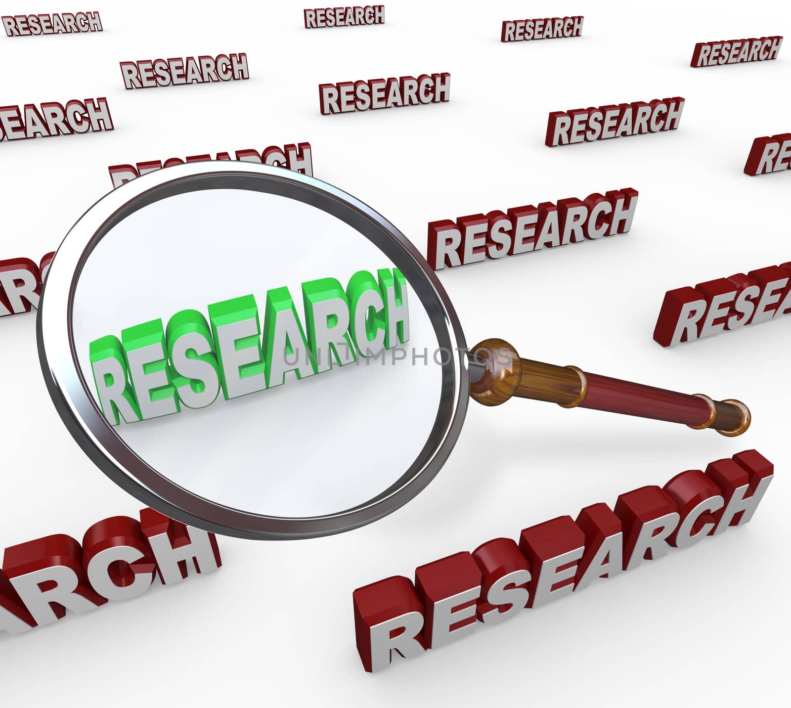 A magnifying glass hovering over the word Research to represent searching for information for your work or school project and gather knowledge