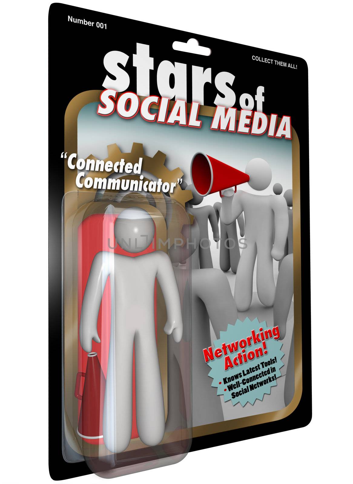 Stars of Social Media Action Figure man with bullhorn using the latest social networking tools and websites to communicate a message and build connections