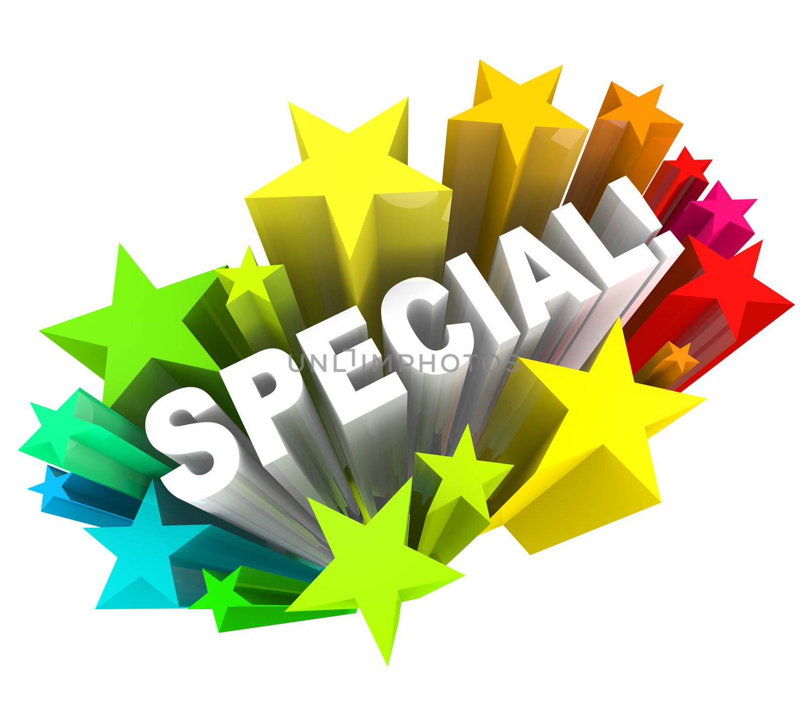 The word Special in a burst of stars representing a discount sale or praise or compliment for a person with different or unique qualities
