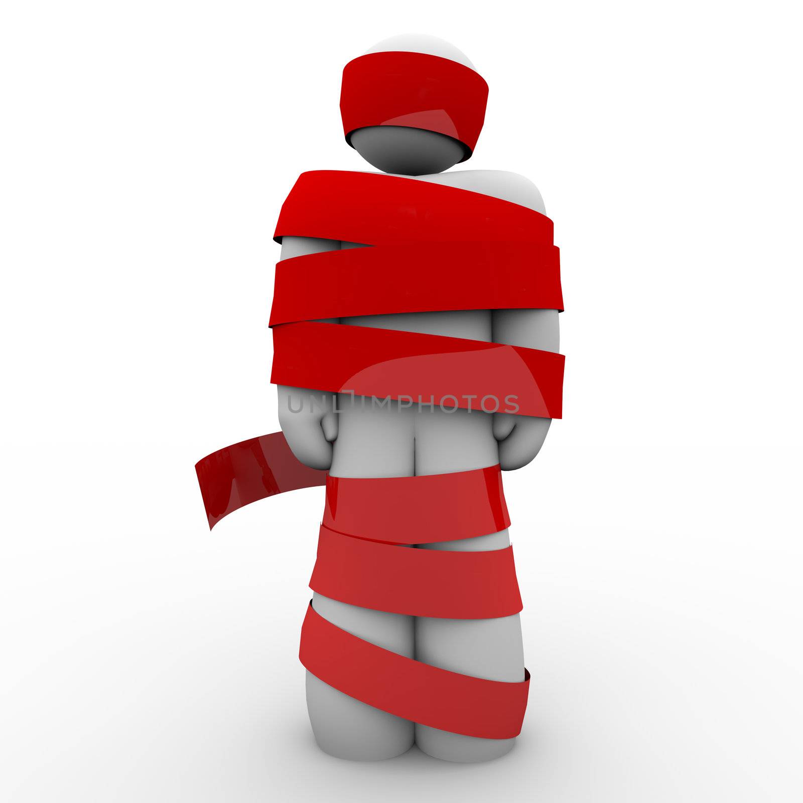 A man is wrapped in red tape representing being immobolized due to bureaucracy, kidnapping, fear or other concept keeping him from moving or acting