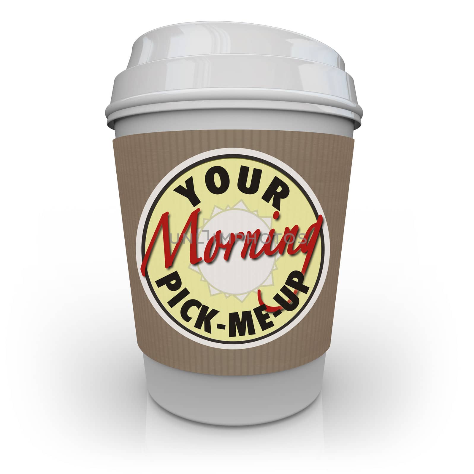 A cup of coffee from a store or restaurant with a holder sleeve and logo with words reading Your Morning Pick-Me-Up to provide a jolt of caffeine to wake you up