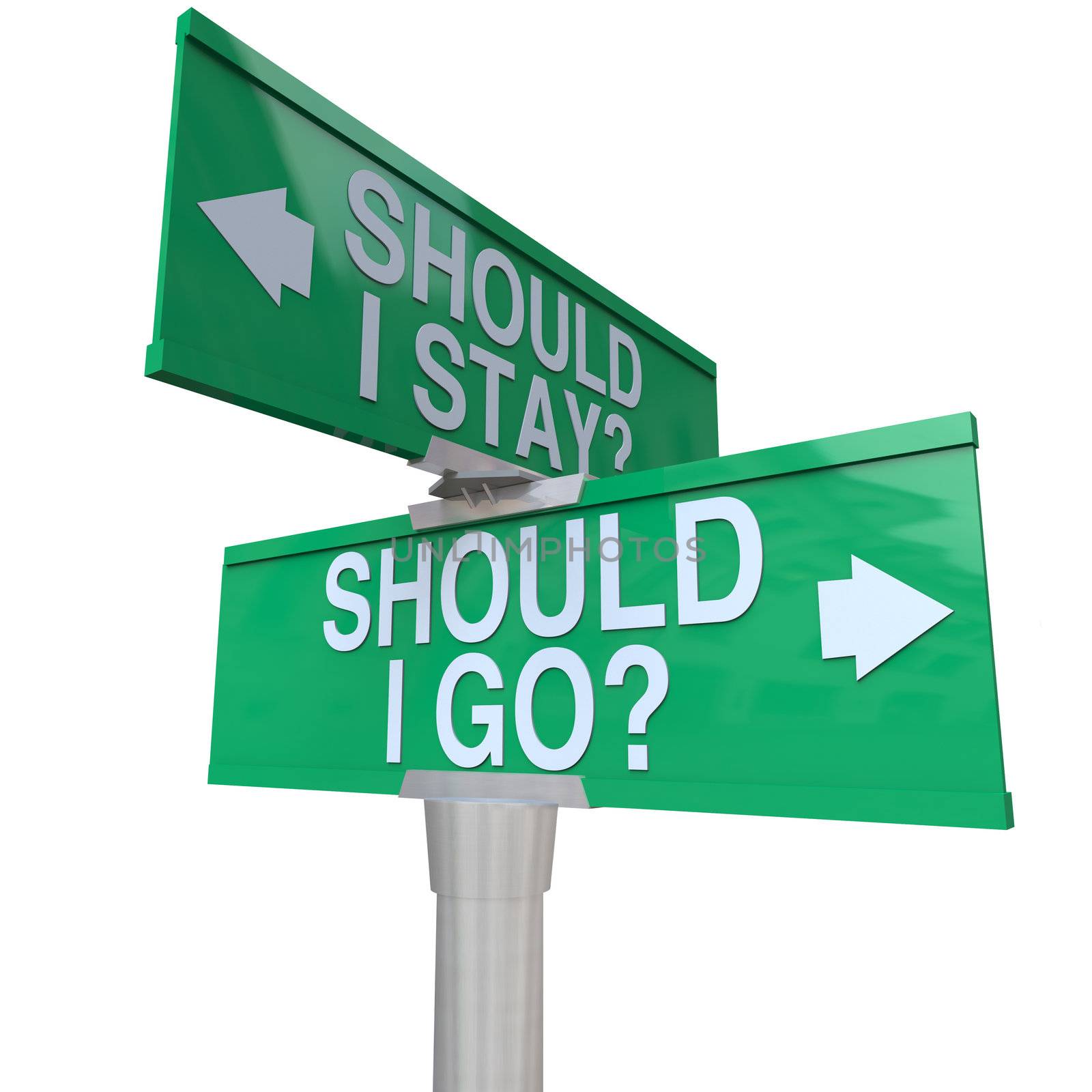A green two-way street sign pointing to Should I stay or Should I Go with arrows pointing to left or right to compare options