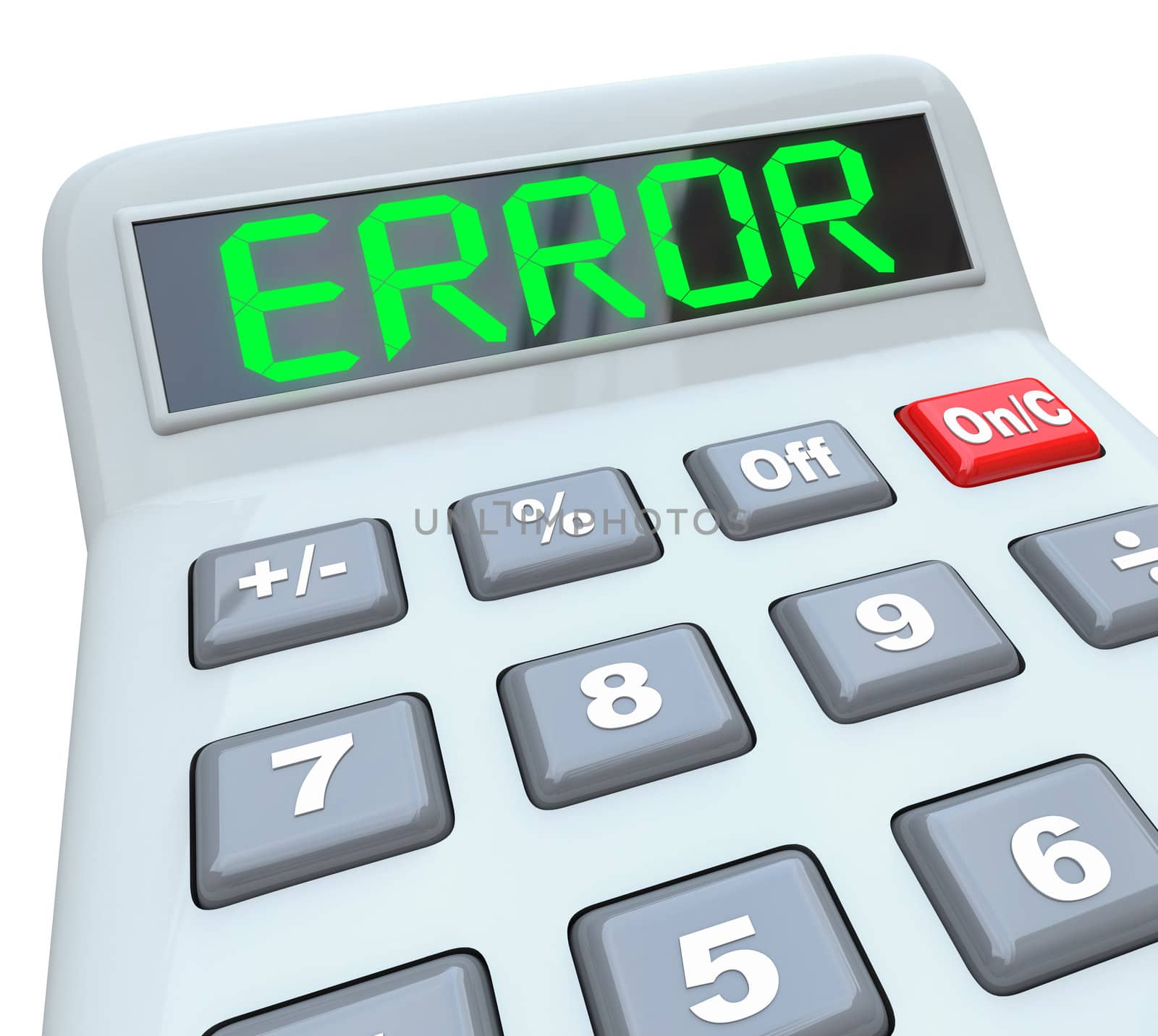 A plastic calculator displays the word Error to represent wrong or inaccurate data or calculations with financial implications