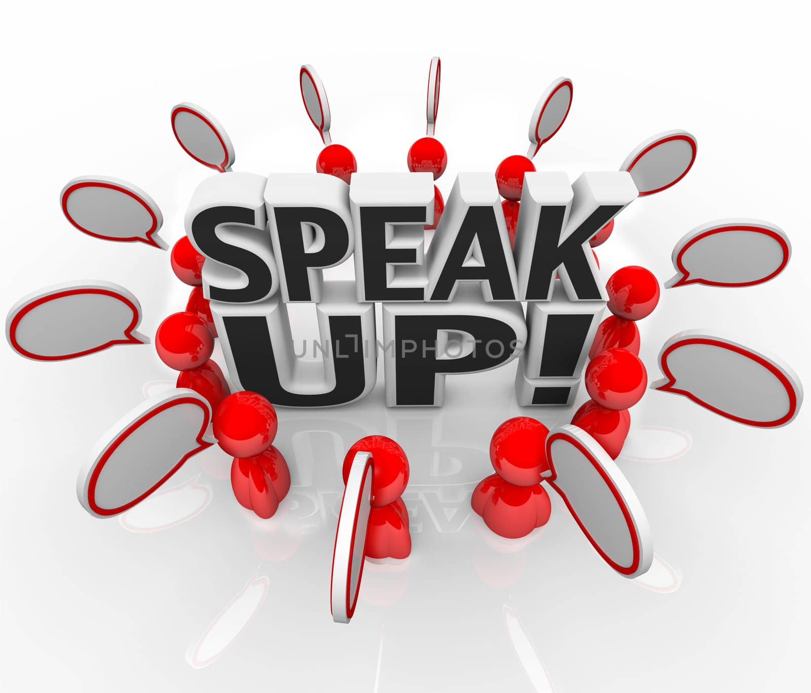 A group of talking people with speech clouds around the words Speak Up to symbolize the sharing of thoughts, opinions, feedback, and viewpoints