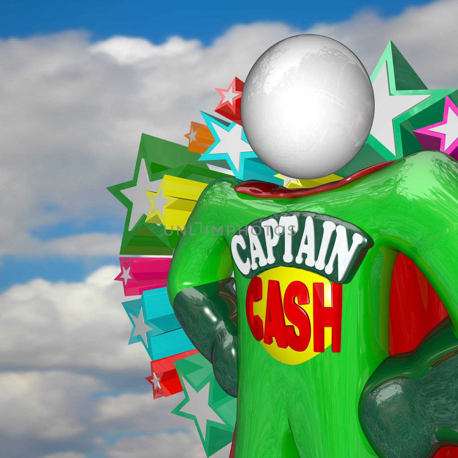 The superhero Captain Cash stands with arms on his hips with cape behind him against a blue cloudy sky, fighting for lower prices and rates to save you money
