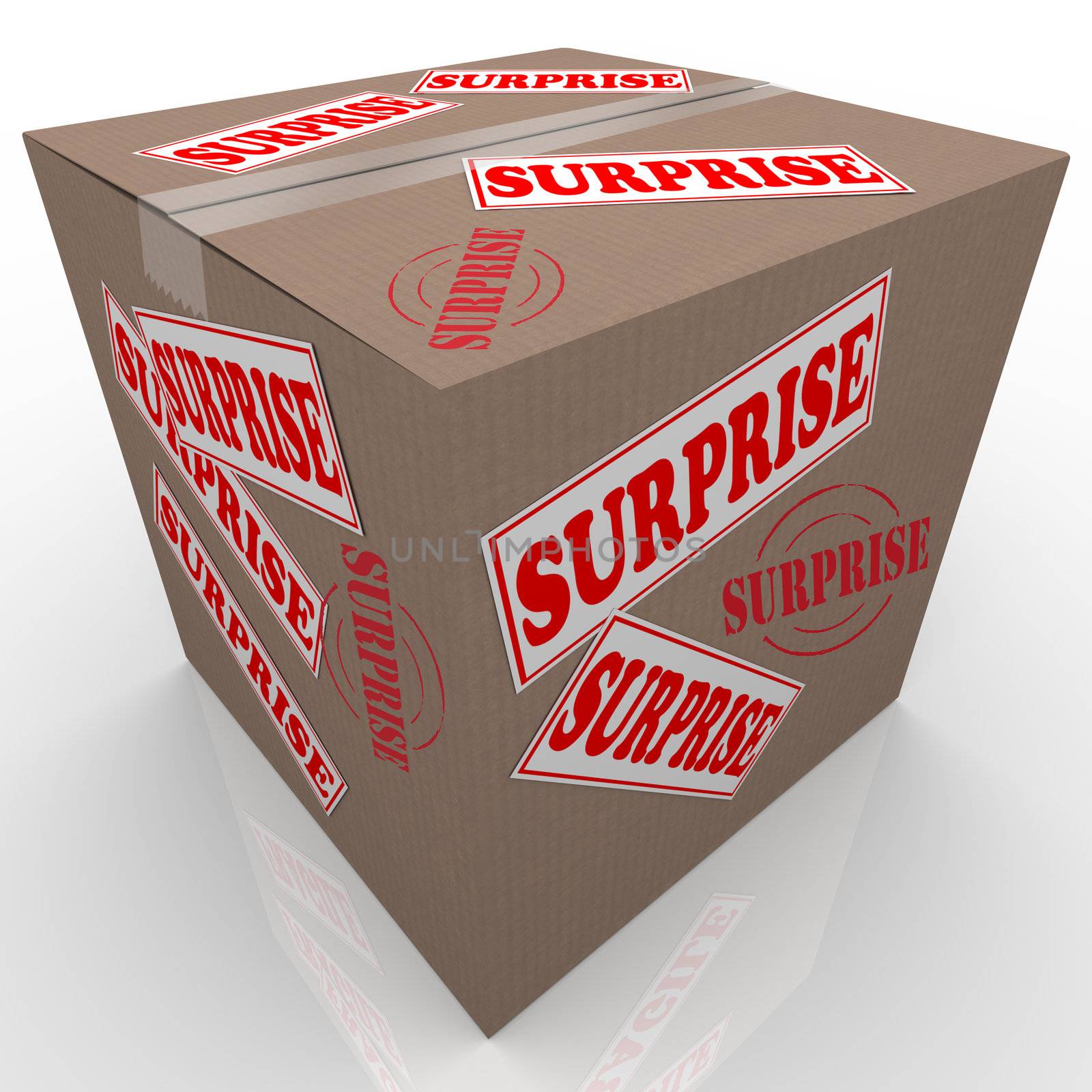 A cardboard box with stickers and stamps reading Surprise, representing a gift, present or other mystery item sent to you through the mail