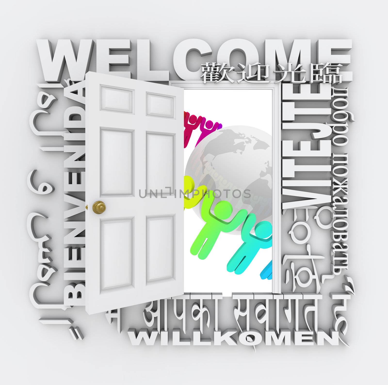 A door opens to show a world with diverse people around it, surrounded by the word Welcome in different international languages