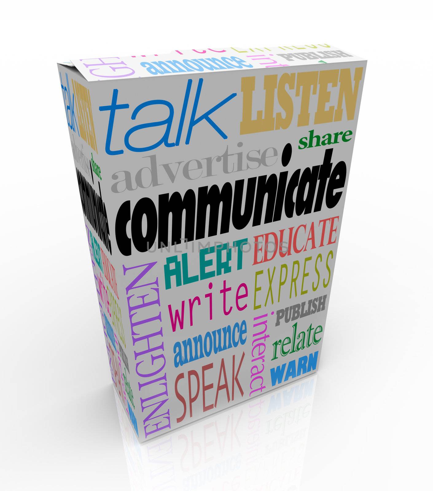 The word Communication on a box along with many other related words such as talk, listen, advertise, announce, warn, alert, enlighten and others to symbolize the sharing of thoughts and ideas