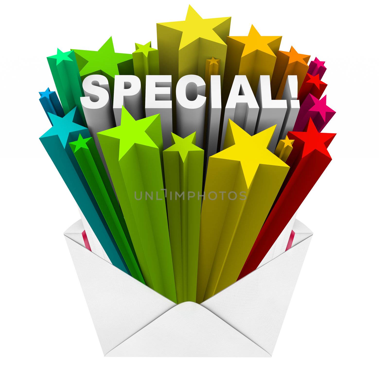 An envelope opening to show a burst of stars and the word Special to symbolize an exclusive invitation or praise as a unique person or a job well done