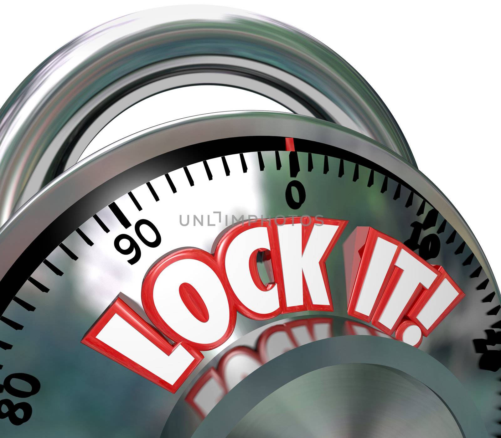 The words Lock It on a metal combination lock to symbolize safe and secure nature of a locked area for security