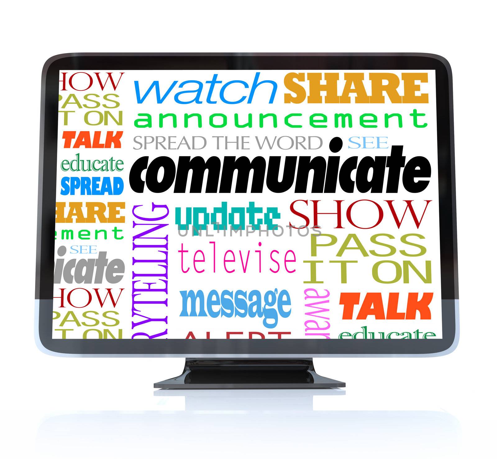 A HDTV television with the word Communicate and many other related words and terms such as watch, show, alert, announcement, update and more