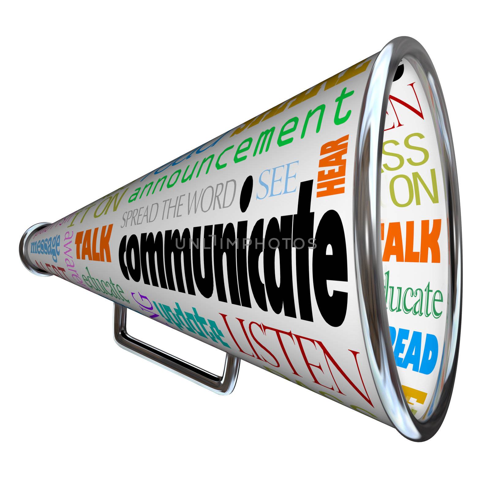 A bullhorn megaphone covered with words describing forms of communication such as talk, listen, hear, see, educate, update and more