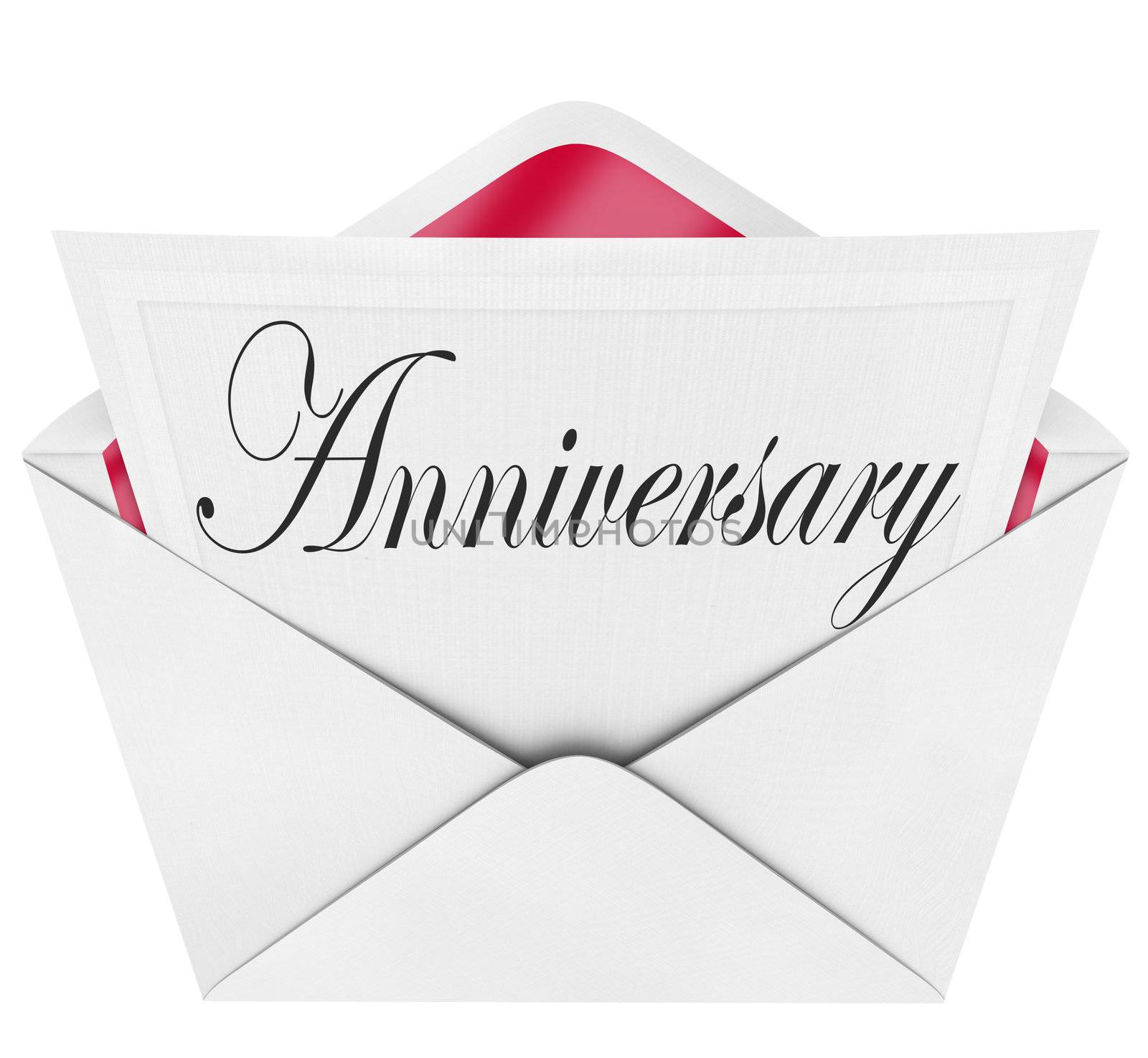 An opening envelope revealing a formal card or invitation with the word Anniversary in cursive letters