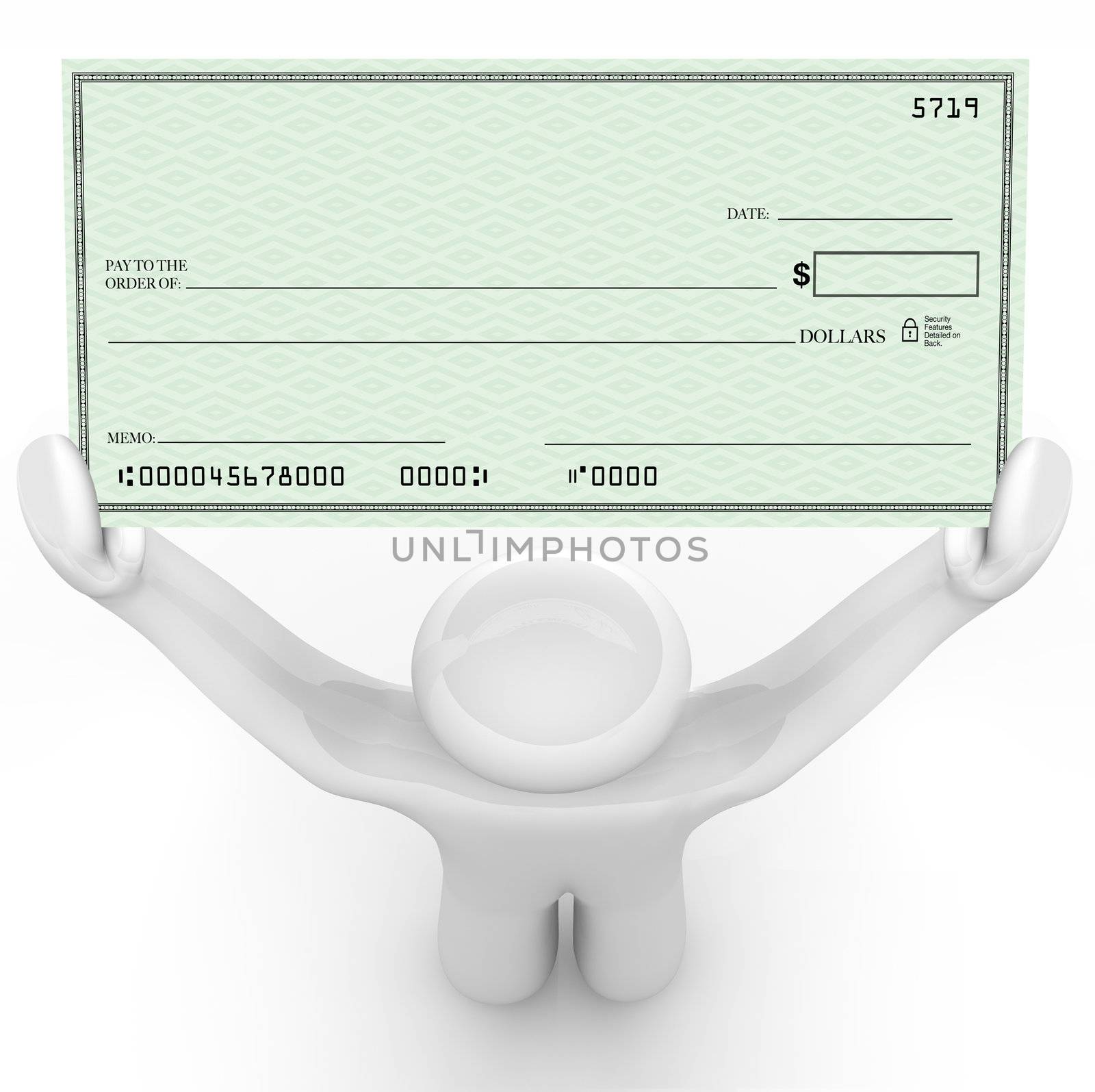 A man holds a large paper check that is blank and has space for you to include your own text