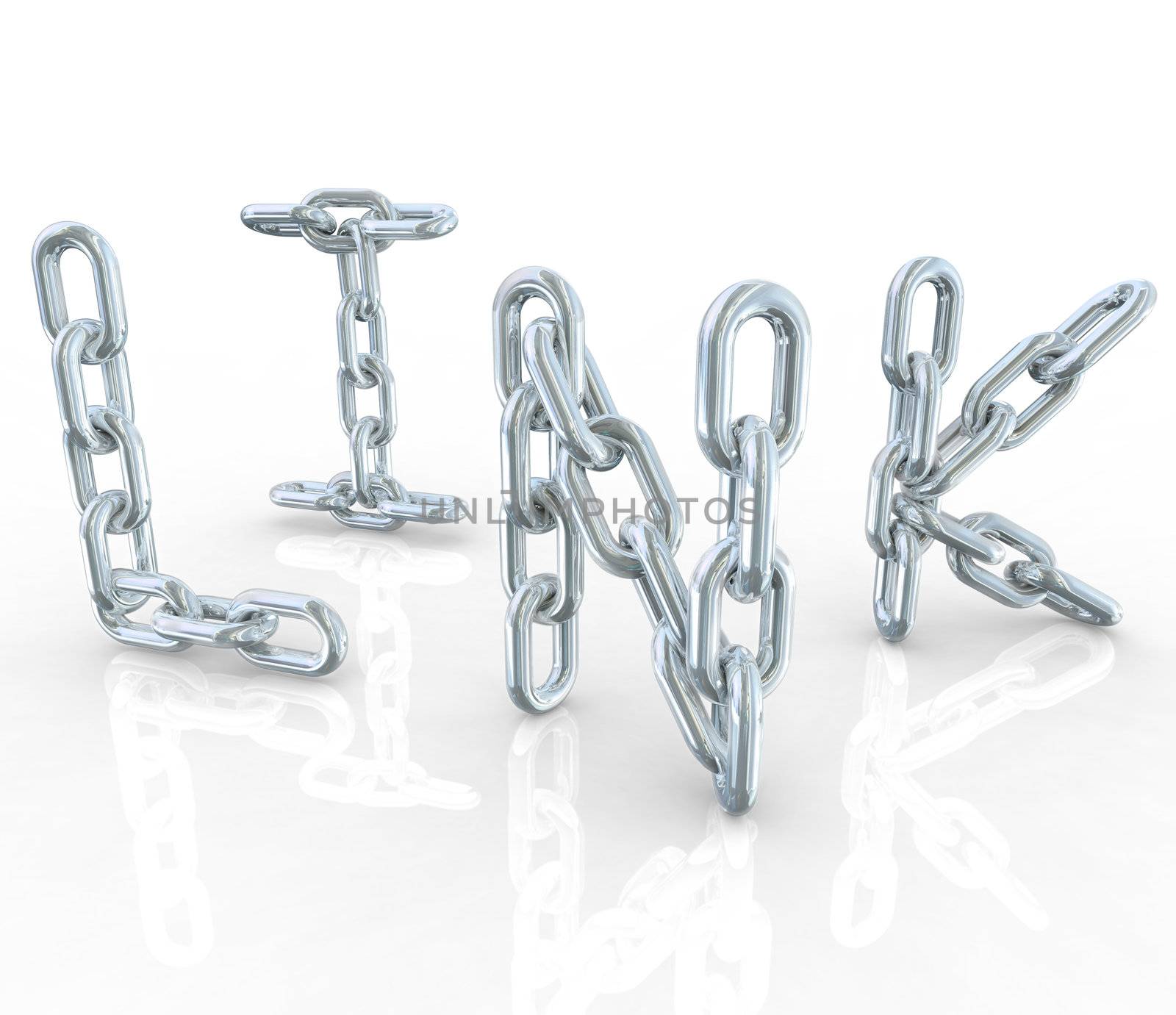 The word Link in shiny reflective metal chain links representing connections such as web referrals and business partnerships
