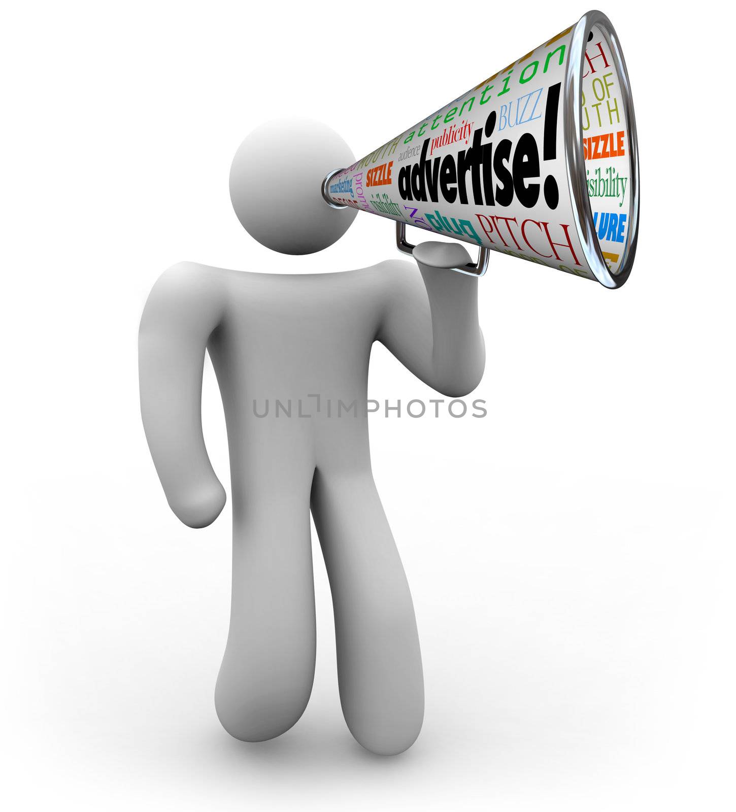 A person holds a megaphone or bullhorn with the word Advertise to attract attention and customers