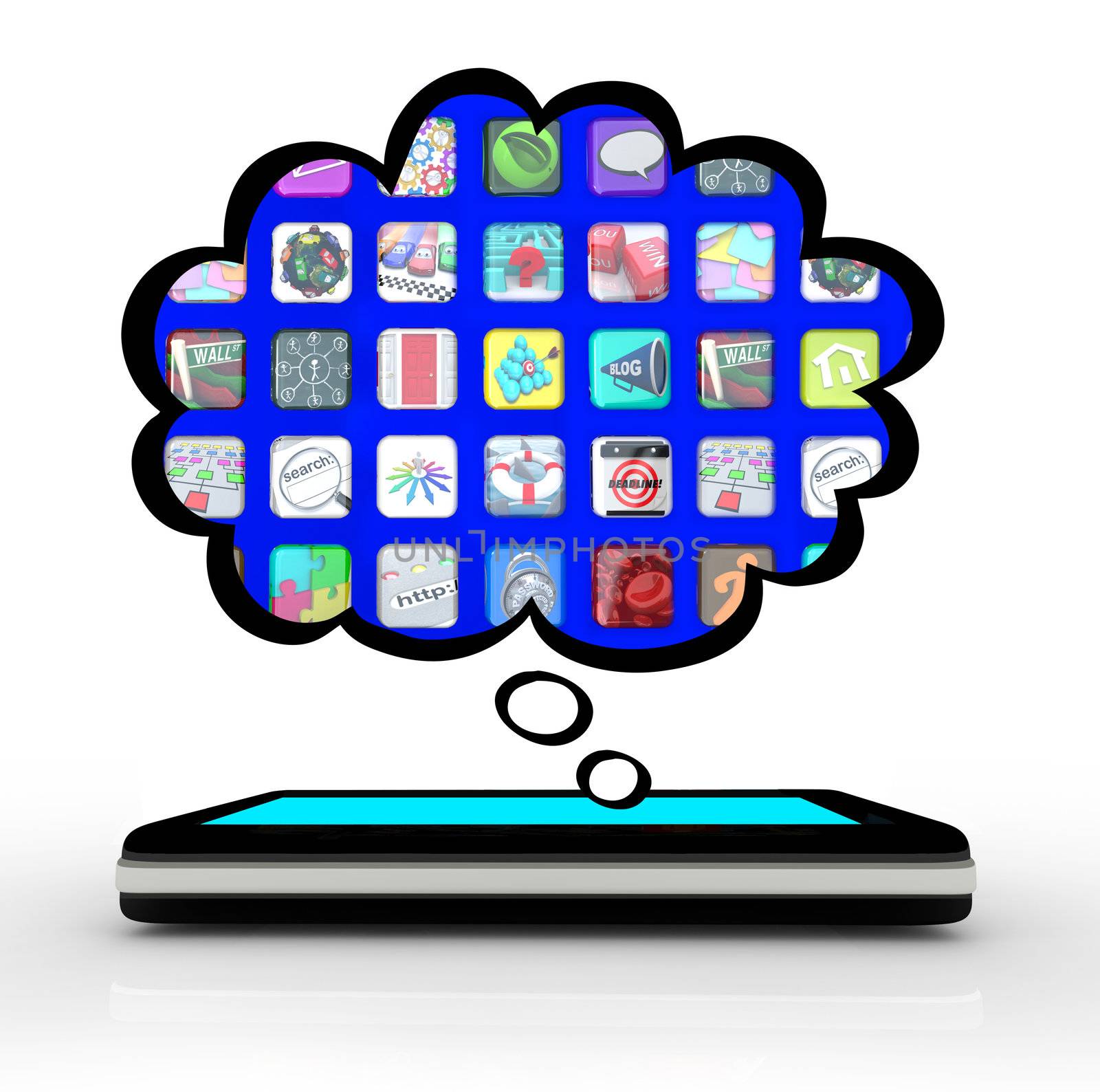 A smart phone thinks of application software icons with a thought cloud filled with app tiles showing the possibilities of downloading programs to an electronic device like a cellphone