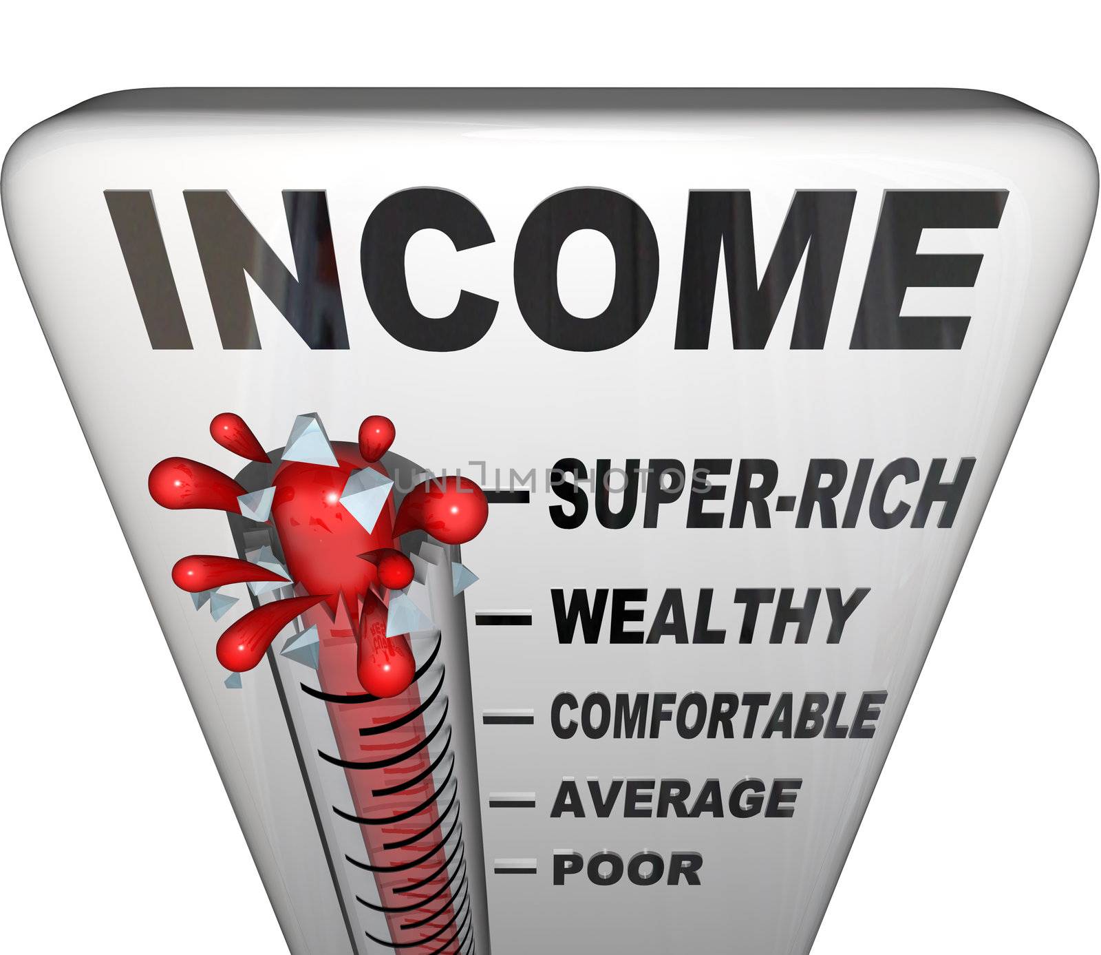 A thermometer measuring your income as you earn more money after a promotion or raise, with mercury level rising past poor and average to comfortable, wealthy and super rich