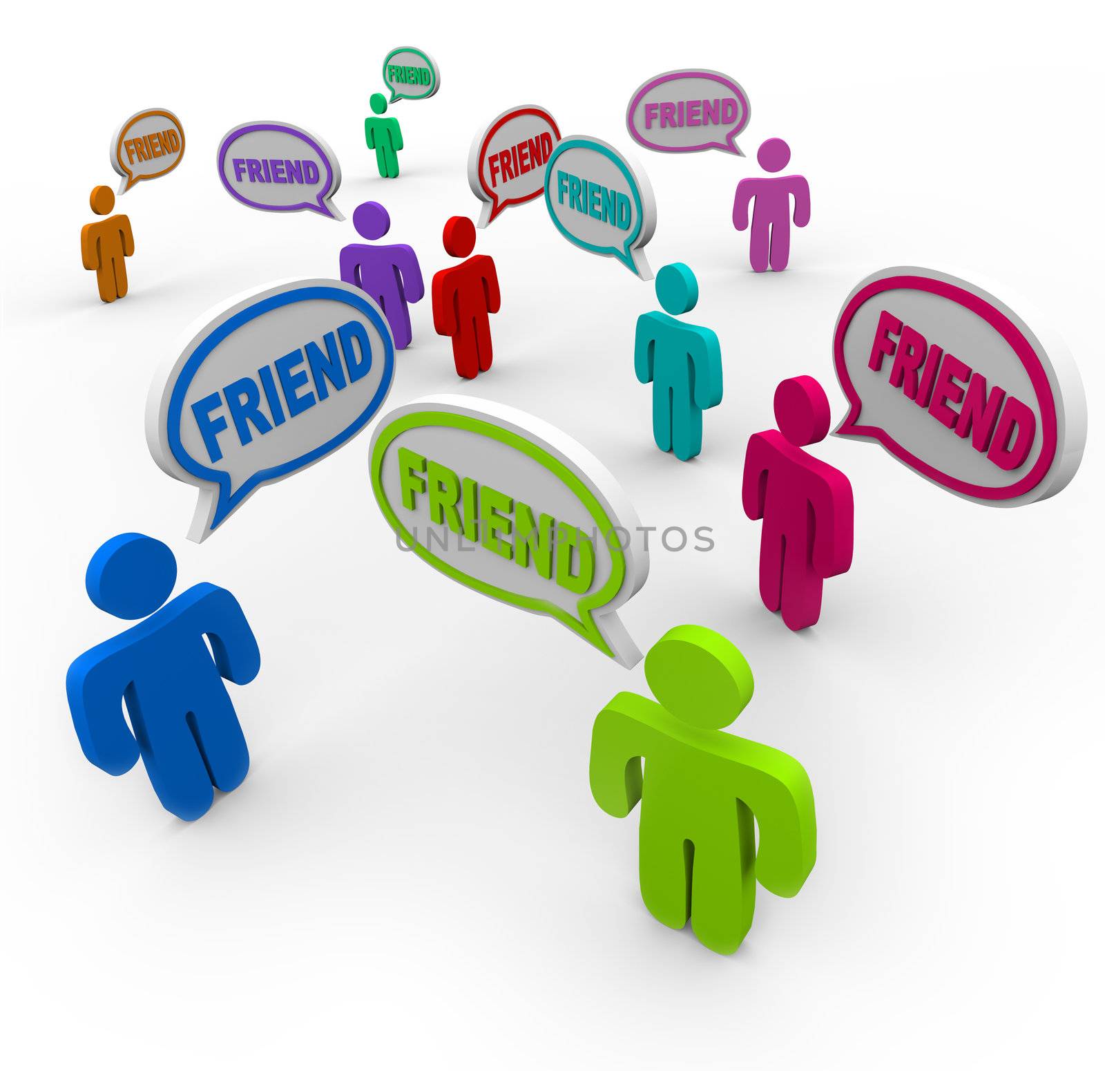 Many people speaking and greeting each other with speech bubbles and the word Friend to symbolize friendship