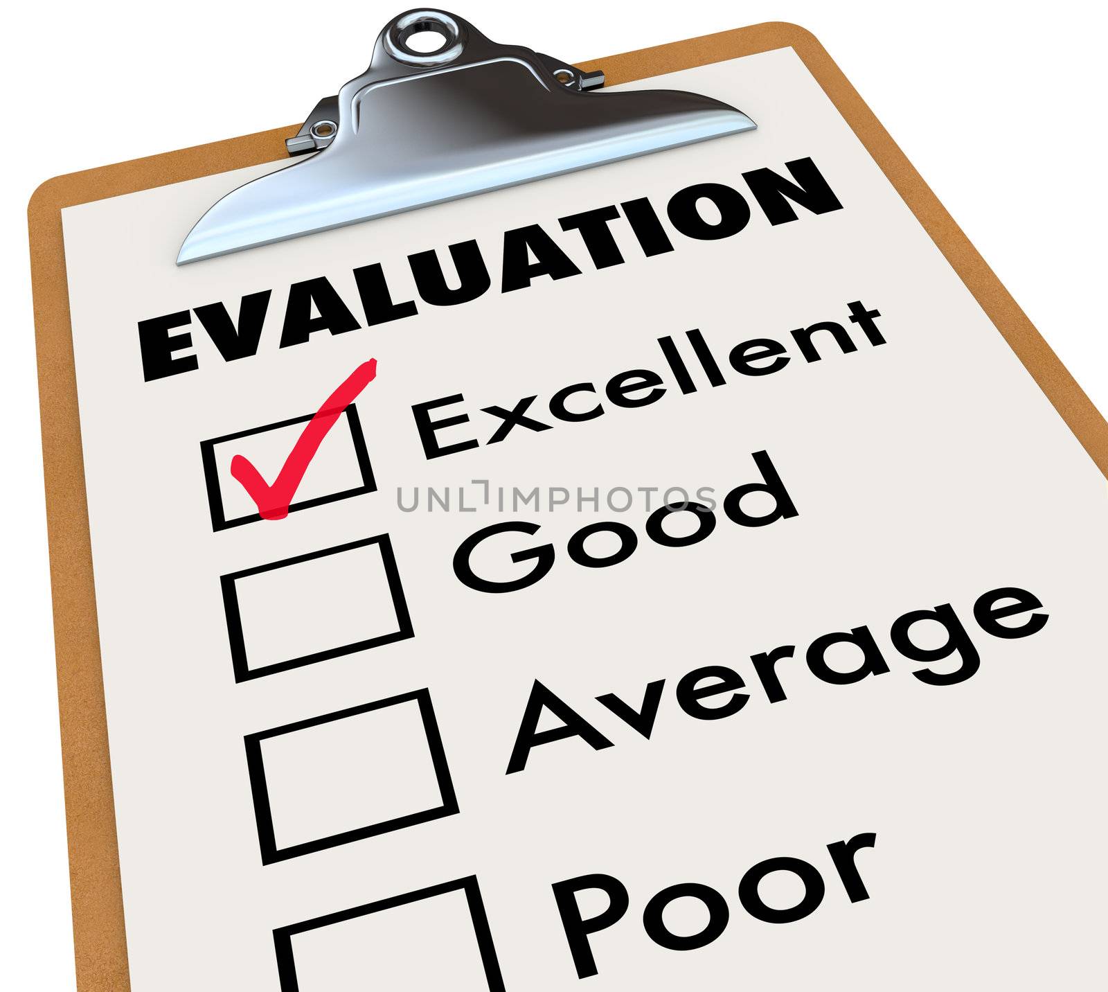 An evaluation report card on an easel with a checkmark next to the word Excellent along with other choices - good, average and poor.