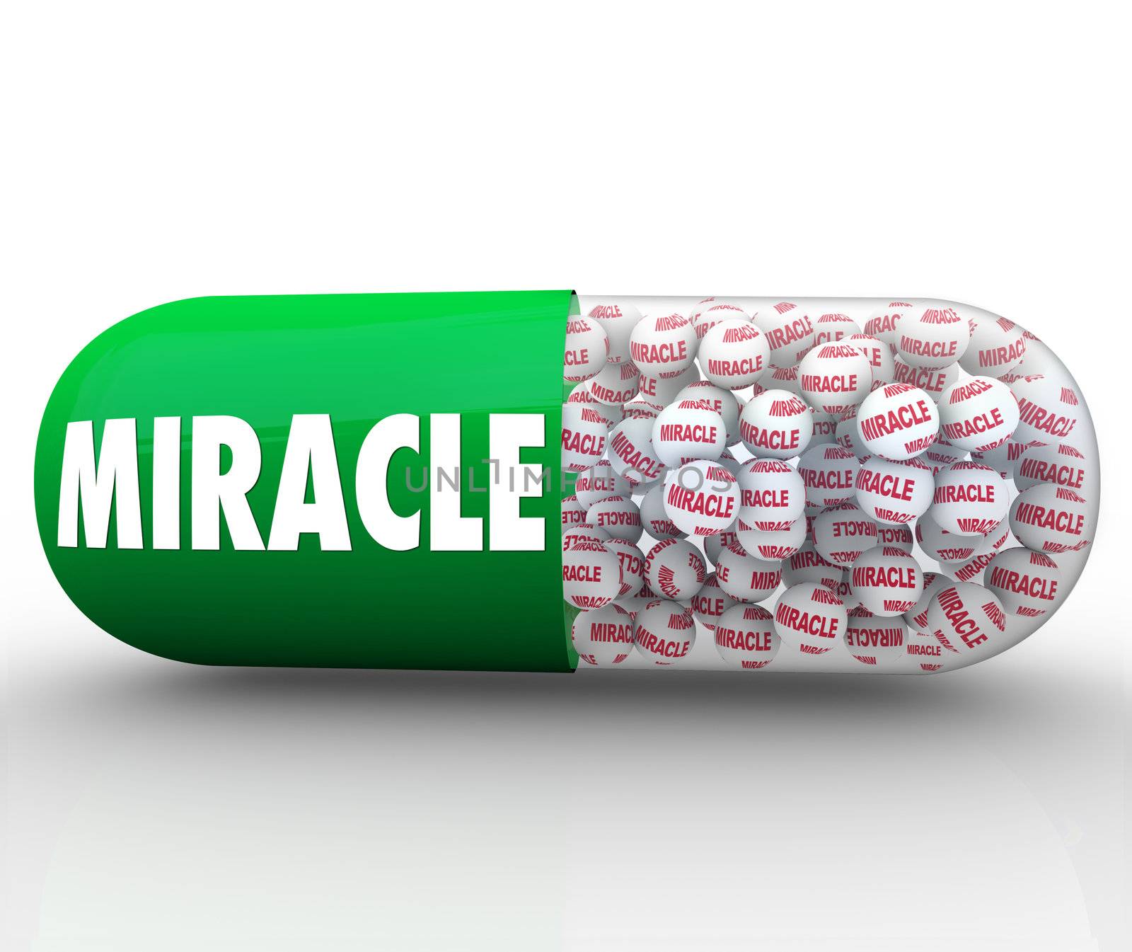 A green capsule pill with the word Miracle filled with tiny balls each featuring the word miracle representing instant deliverance, recovery or solution of a miracle cure or faith in religion