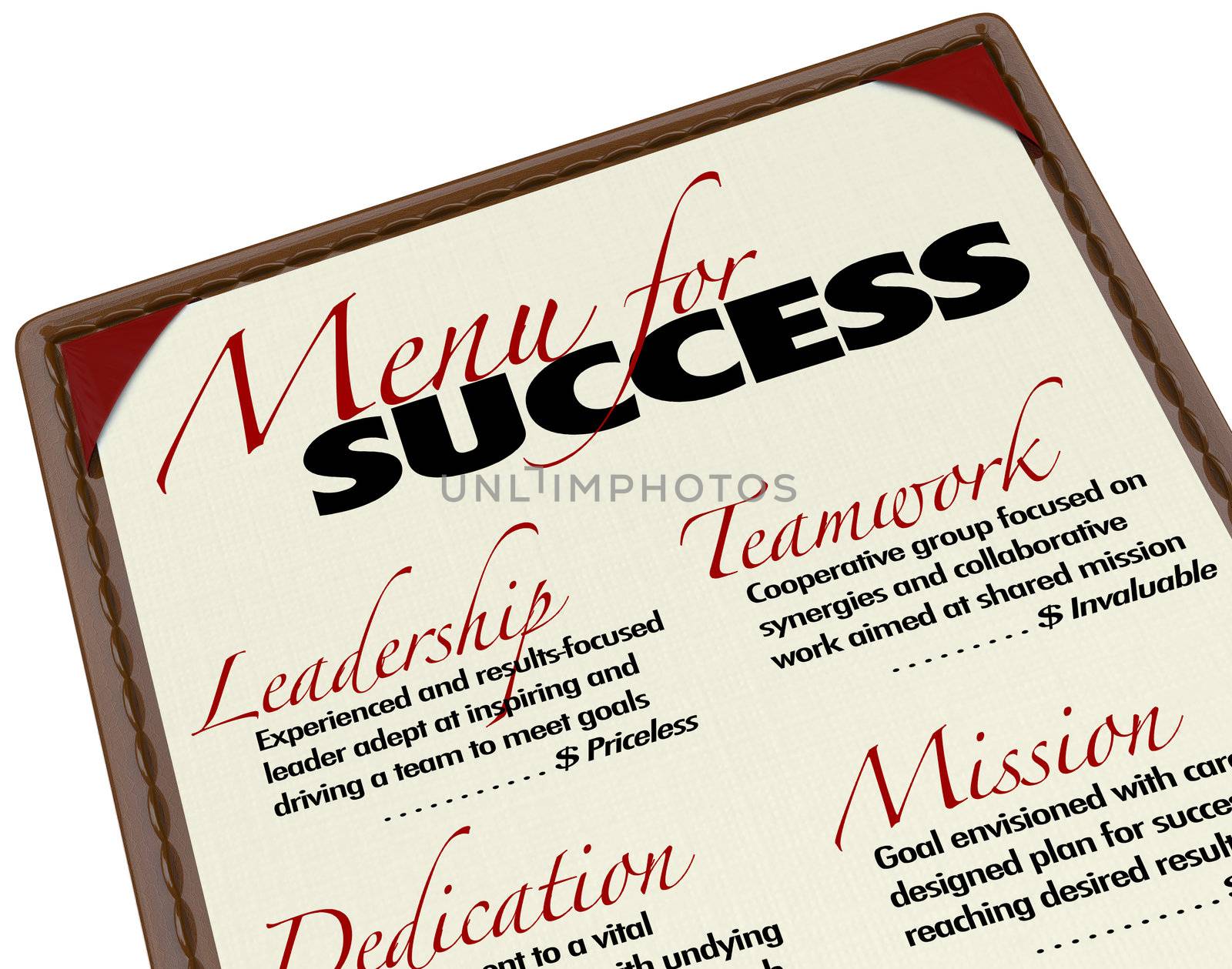 A Menu for Success shows what is offered to you in achieving your goals - Leadership, Teamwork, Dedication and Mission - all elements required for successful business or life