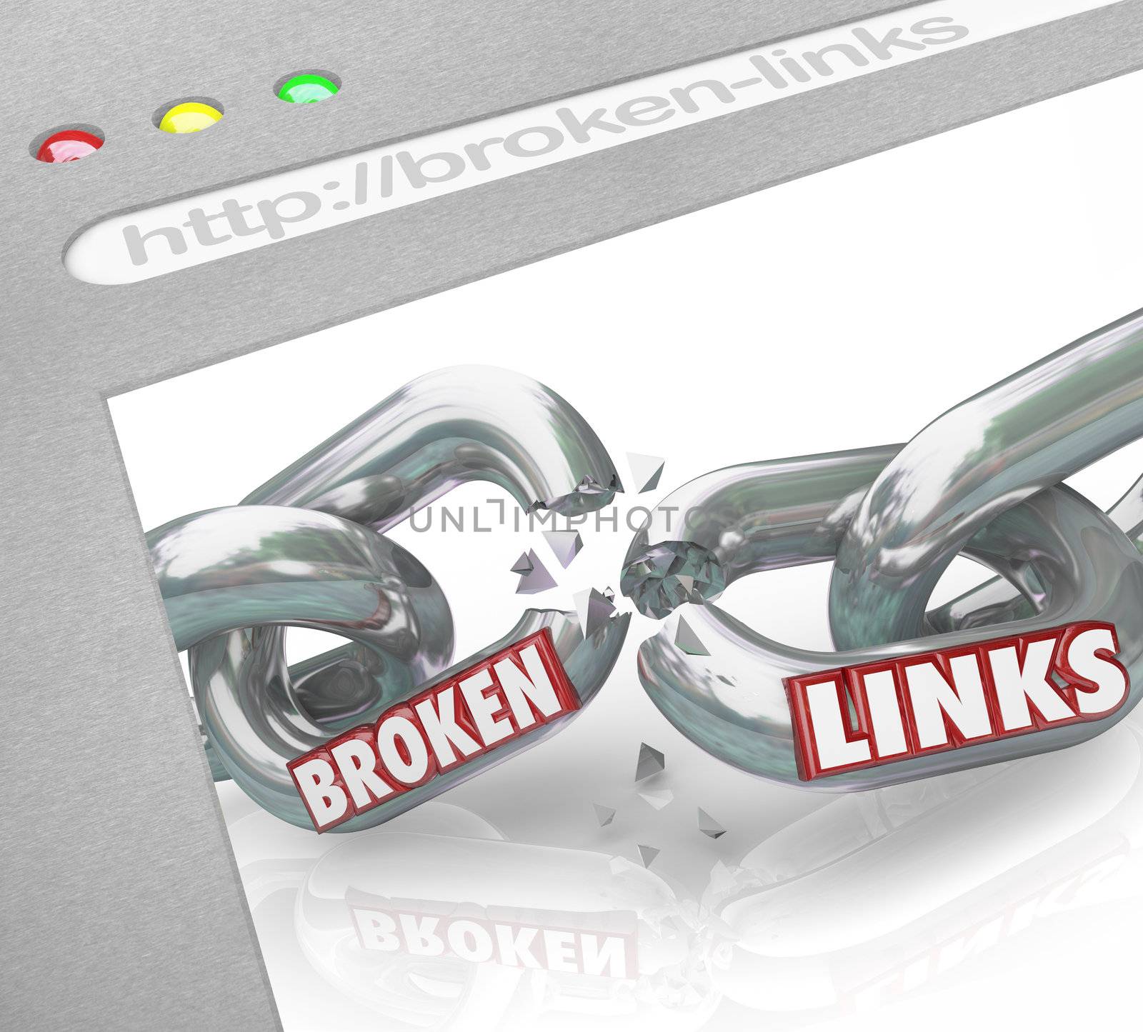 A web browser window shows connected chain links broken to represent broken hyperlinks and hotlinks