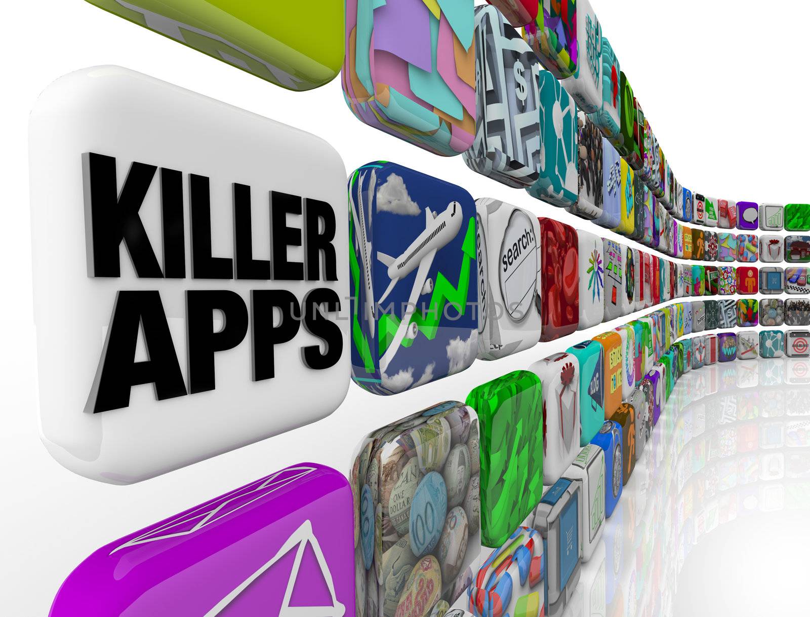 The words Killer Apps on an app tile in a wall of applications and software you can download into your smart phone, tablet computer or other mobile device