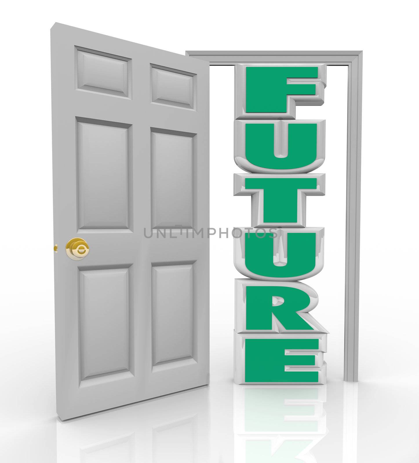 A white door opens to reveal the word Future to represent the new opportunity, hope and good things in store for you lying right in front of your path