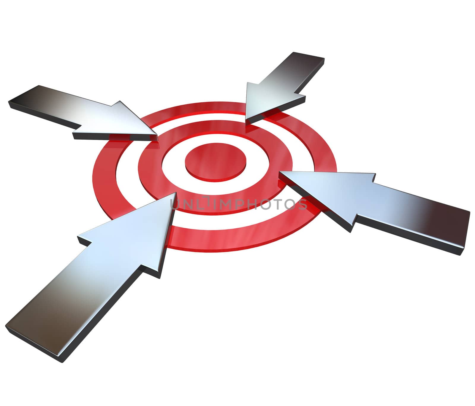 Four opposing arrows approach a bullseye target from 4 different directions in competition to be first to be successful and reach the goal and win