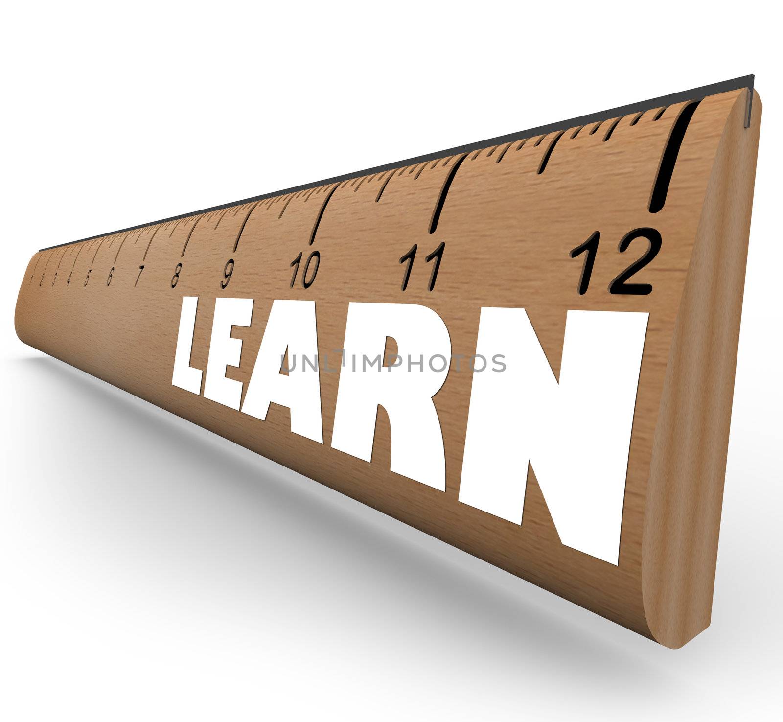 An old-fashioned wooden ruler with the word Learn illustrating the progress and growth in your education as measured in inches or feet