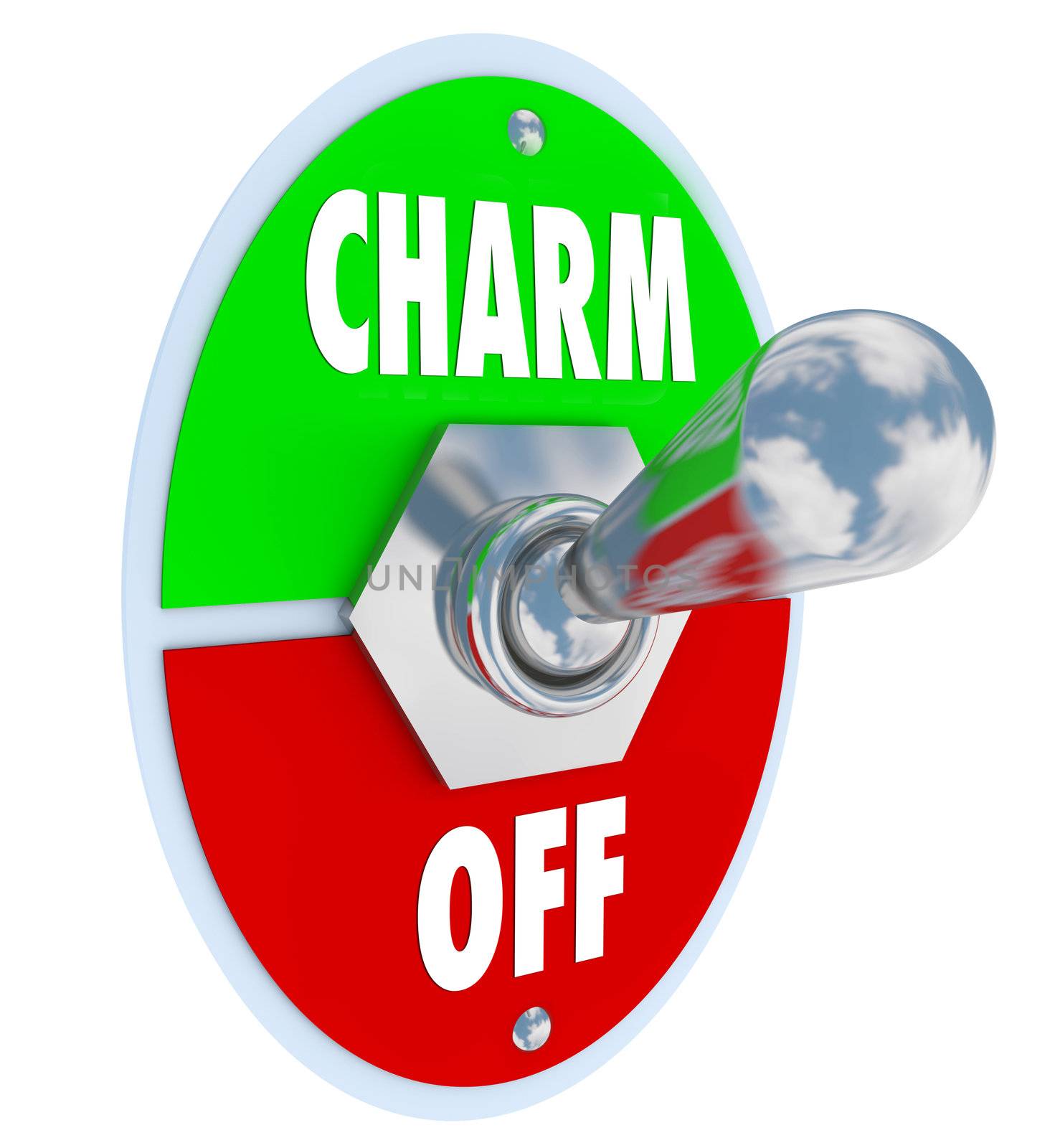 A metal toggle switch with plate to illustrate the saying Turn On the Charm symbolizing the desire to be charismatic and alluring to other people, especially the opposite sex