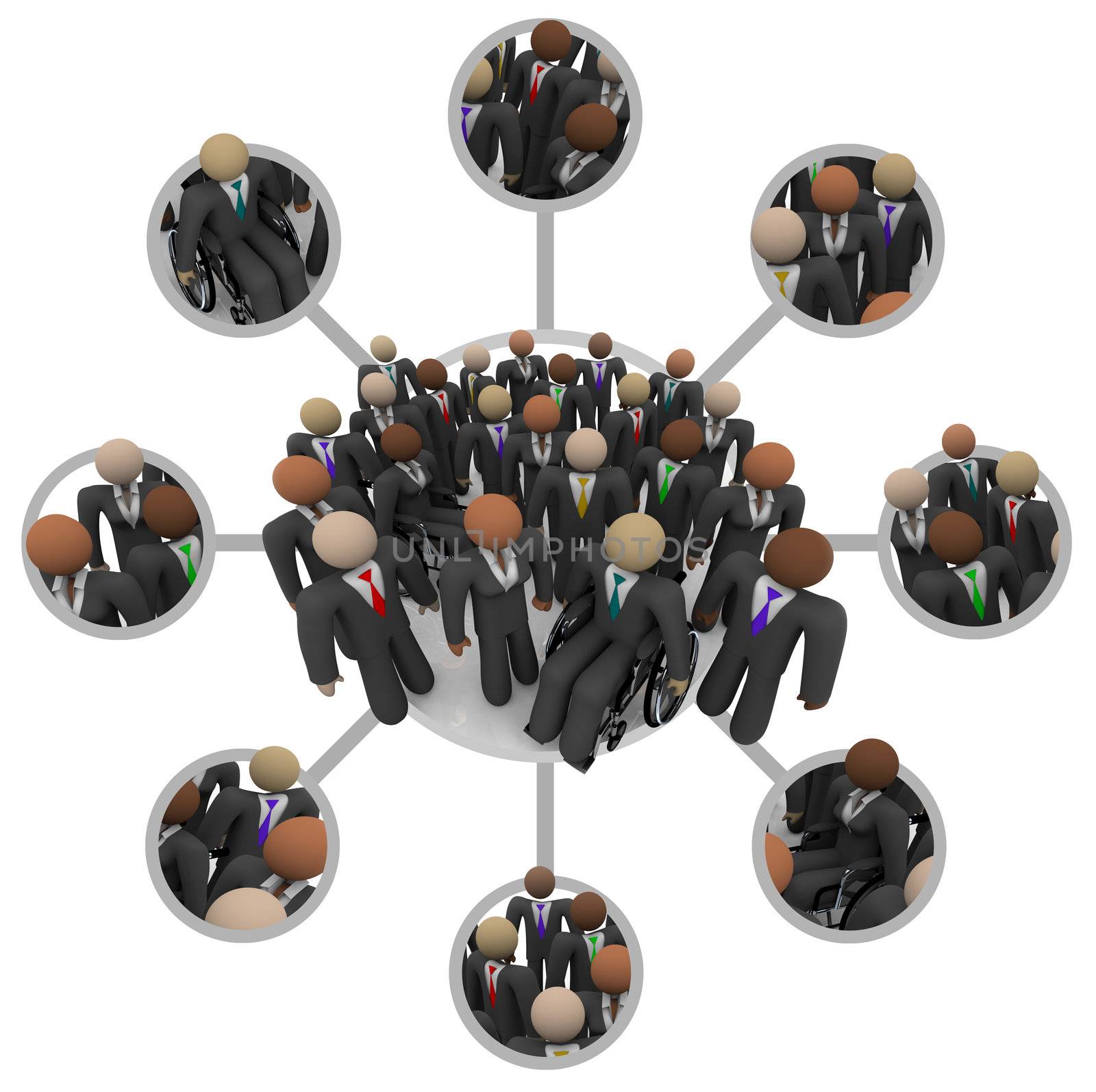 Many people of different races in business suits connected by links in a communication networking grid representing professional networking