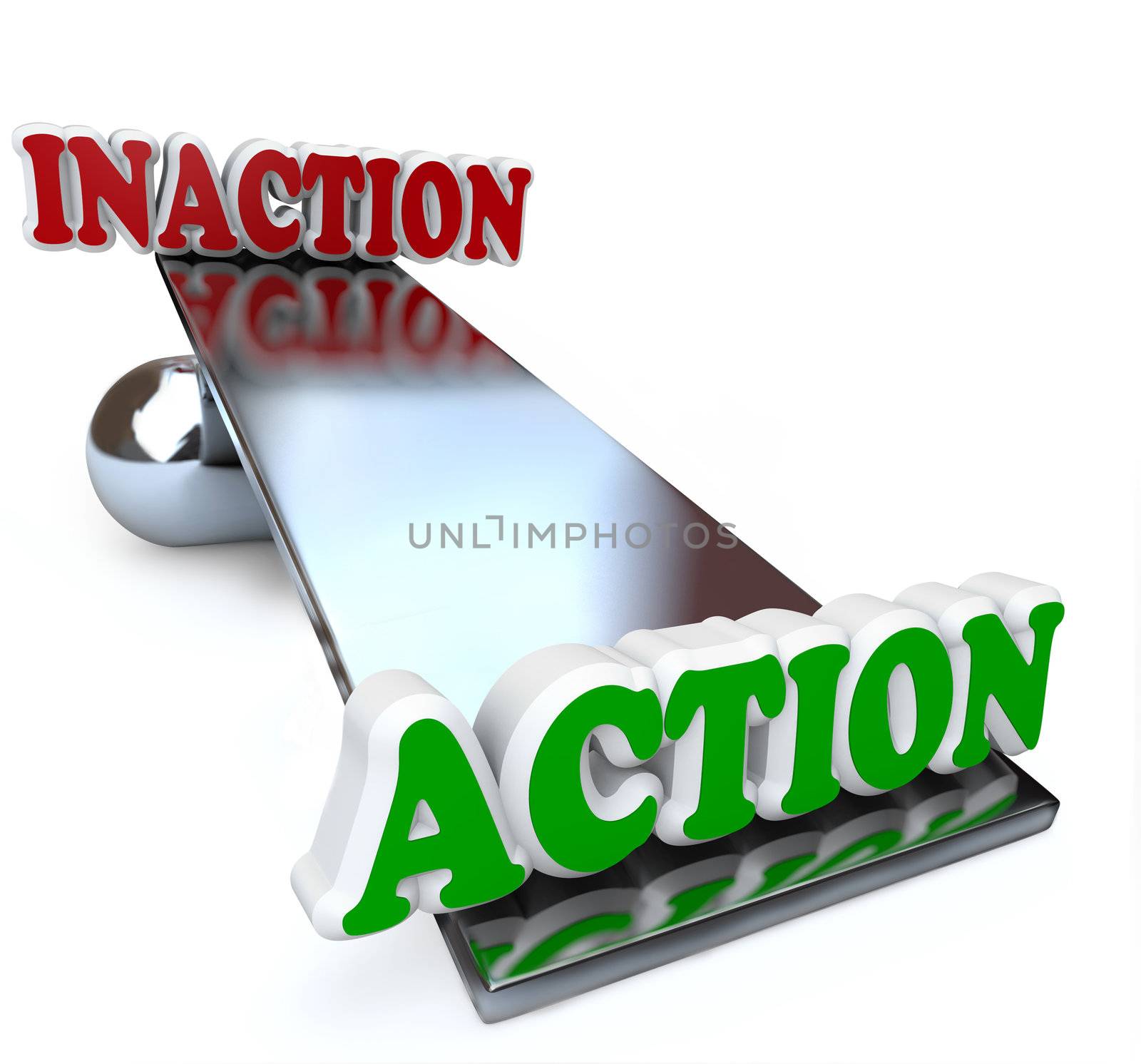 The words Action and Inaction compared and weighed against each other on a see-saw balance to illustrate the strategy and planning needed to create an effective plan for proactive success