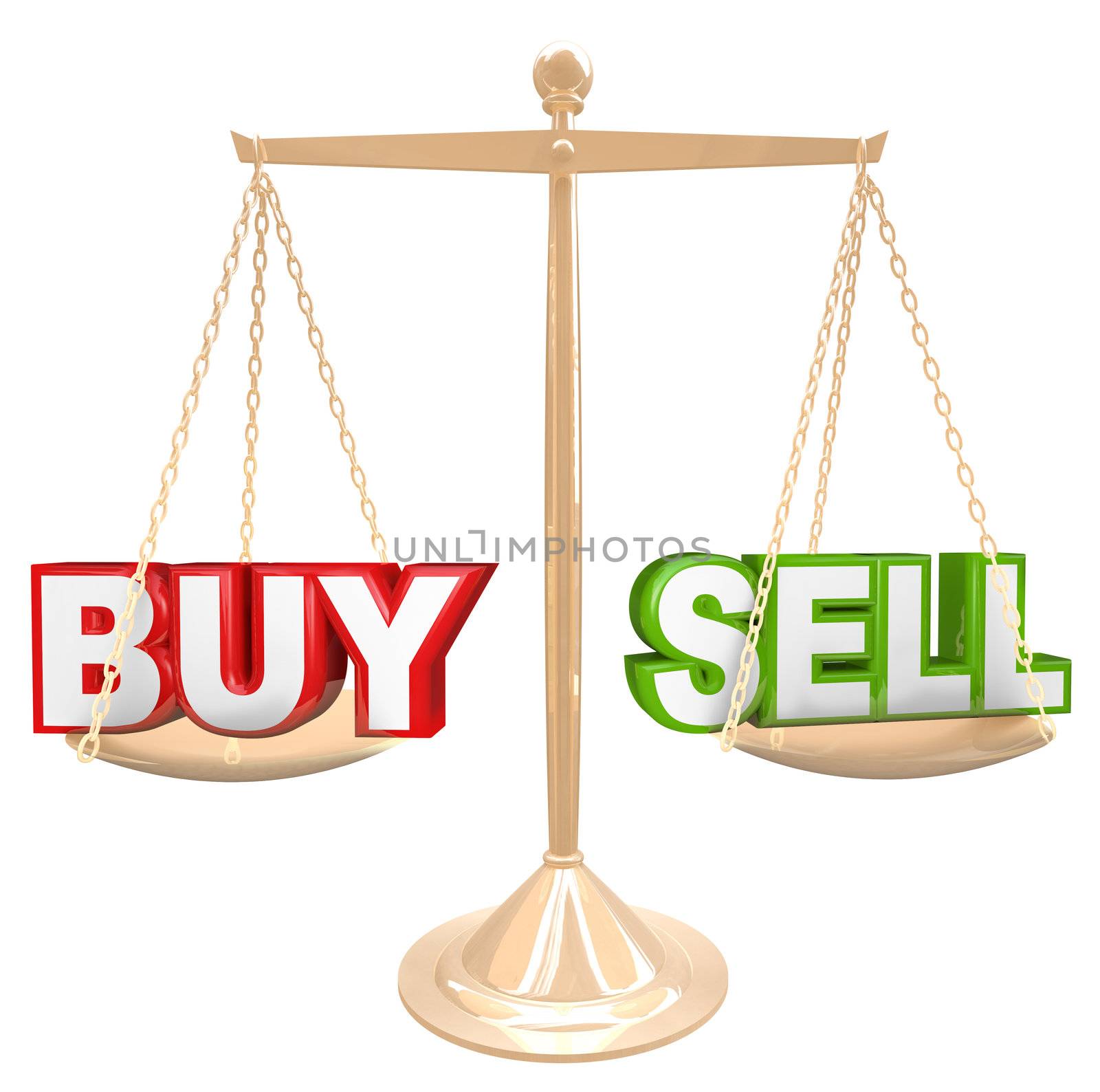 The words Buy and Sell on a gold scale comparing the risks and benefits of timing your buying and selling of an item such as a house or financial investment
