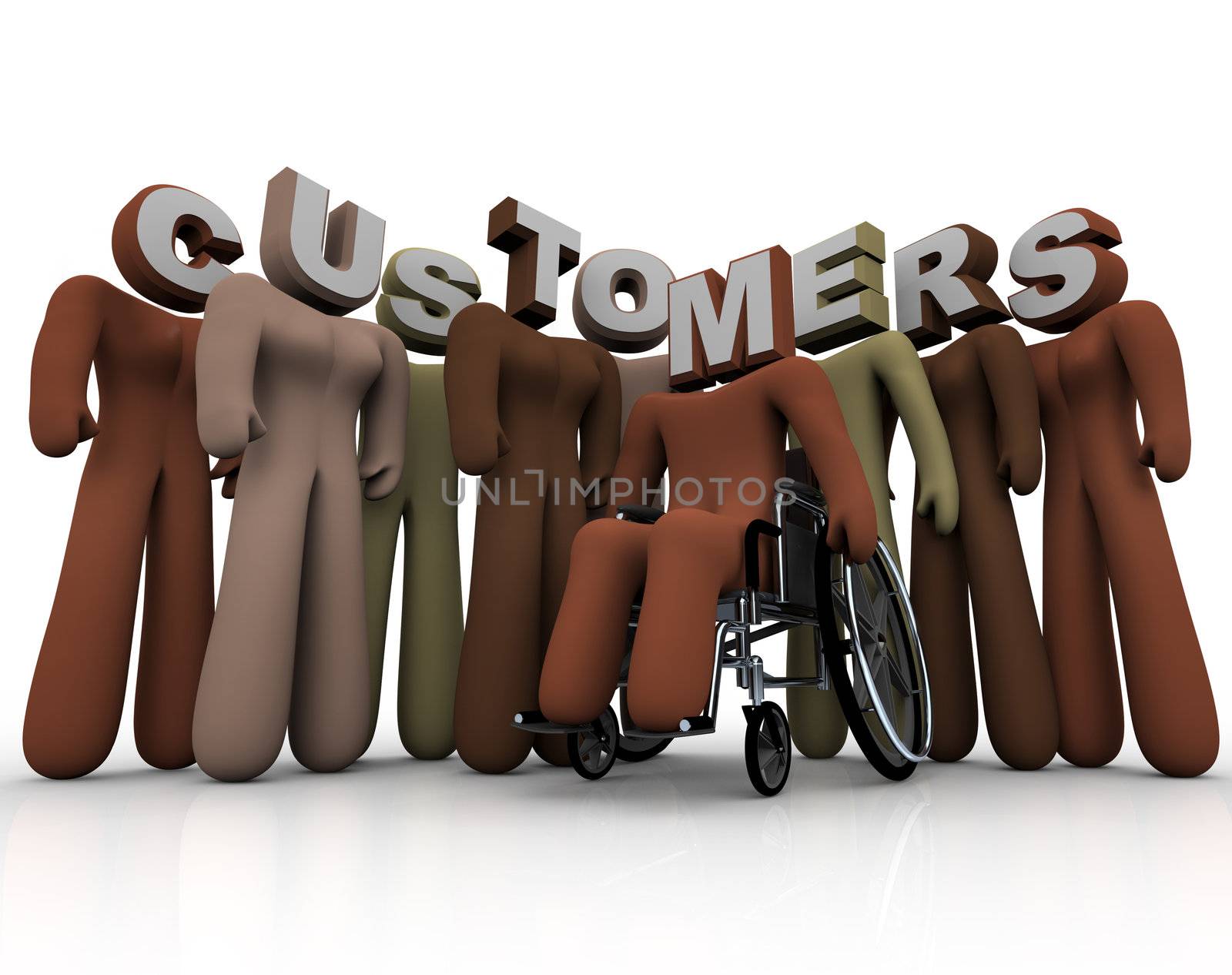 A group of people with different races and abilities, and letters on their heads spelling the word Customers to represent a wide range of buyers in a targeted marketing campaign