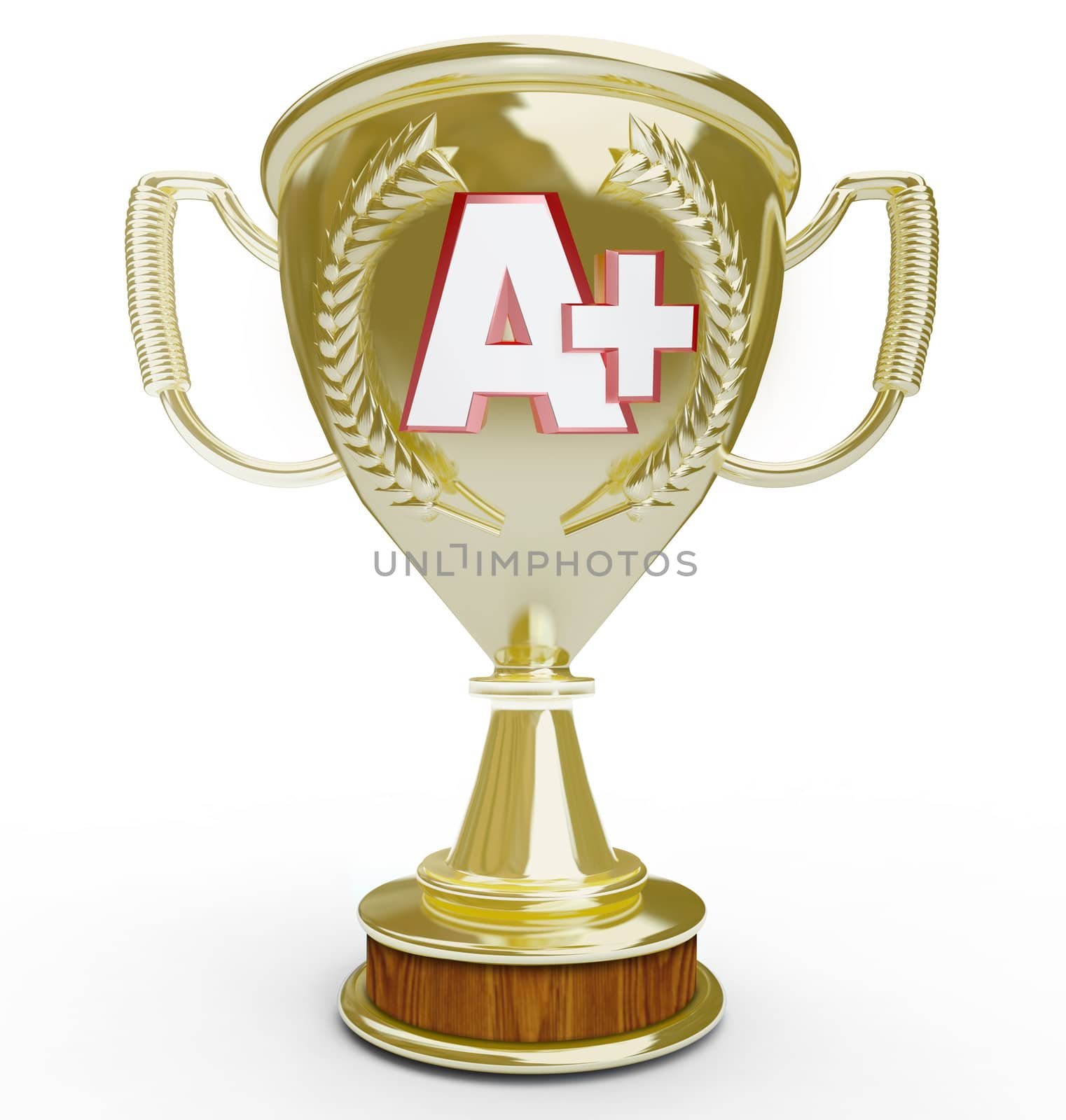 An A Plus letter grade on a golden trophy award given to the top score or first place student or competitor in a challenge or test result