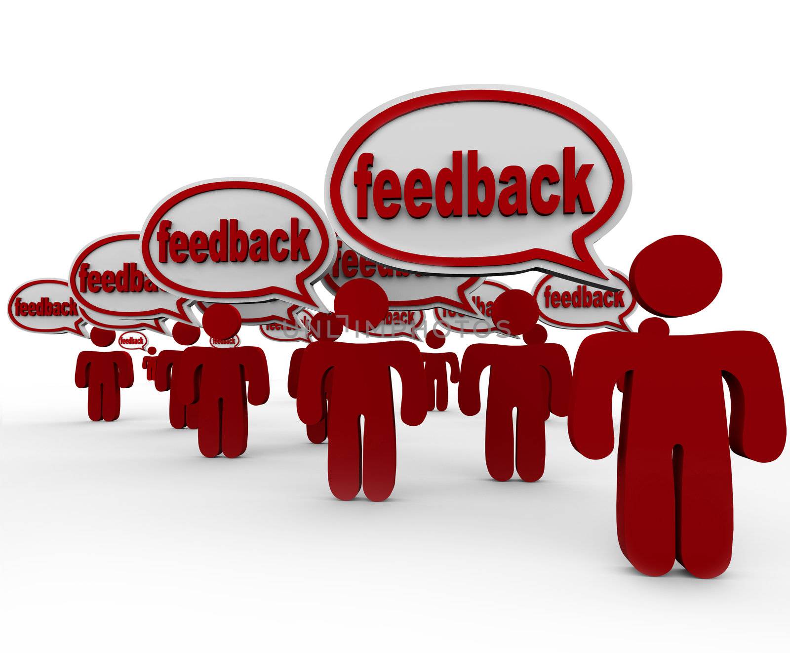 The word Feedback in many speech bubbles spoken by several people sharing their opinions and voicing concerns and criticism to communicate their thoughts
